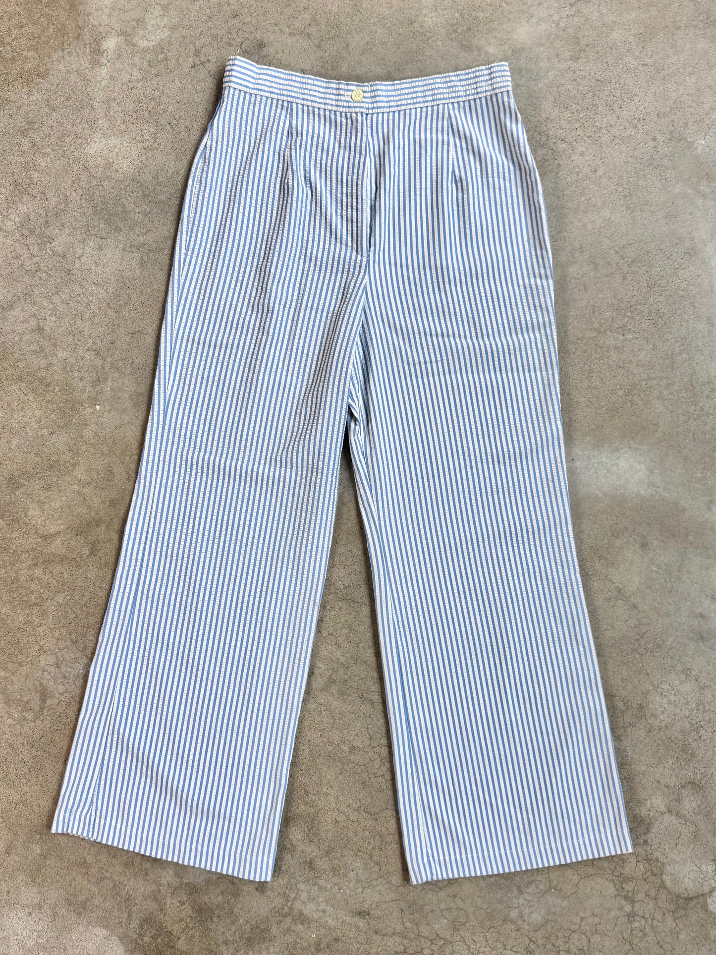 Vintage 1970s Donnkenny Blue Striped Seersucker Wide-Leg Pants | Waist 30”