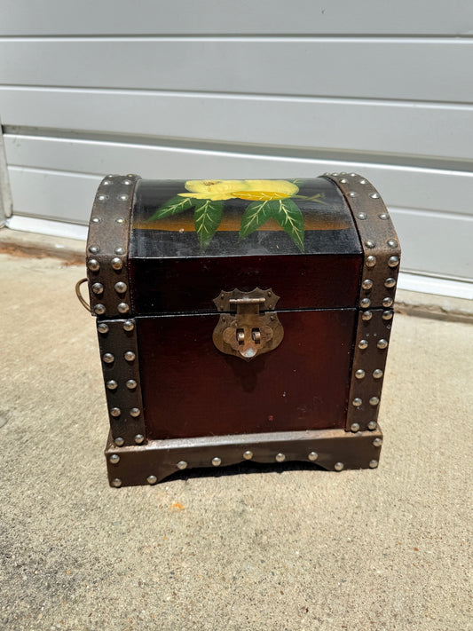 Vintage 1950s Hand-Painted Floral Small Wooden Chest