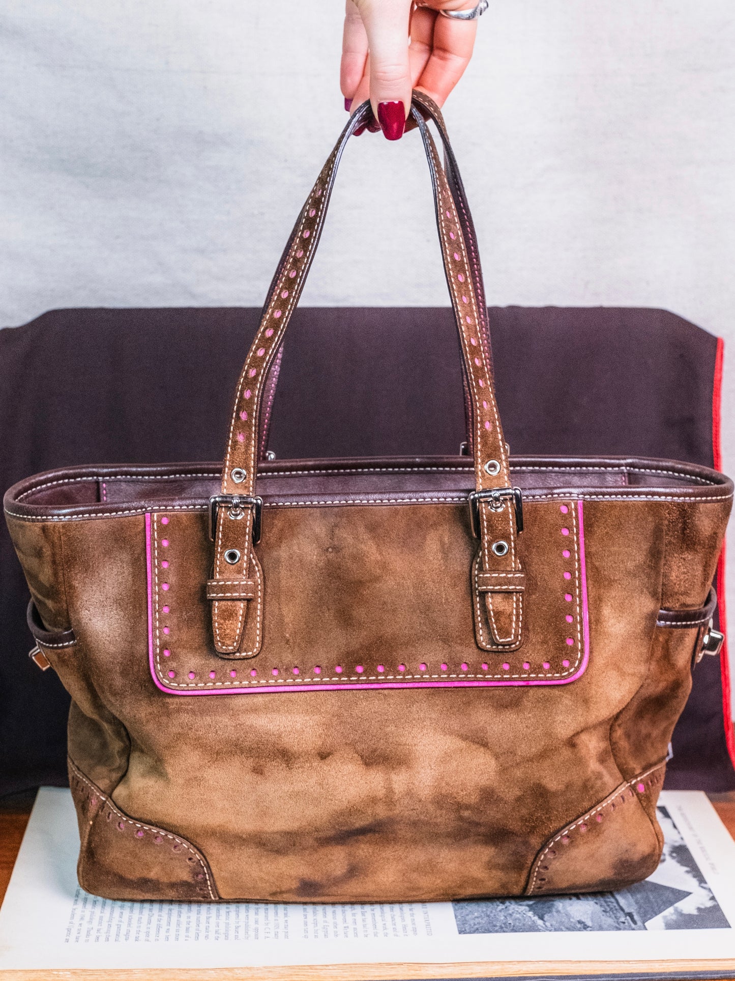 2000s Coach Brown & Pink Suede Leather Tote & Wristlet Set