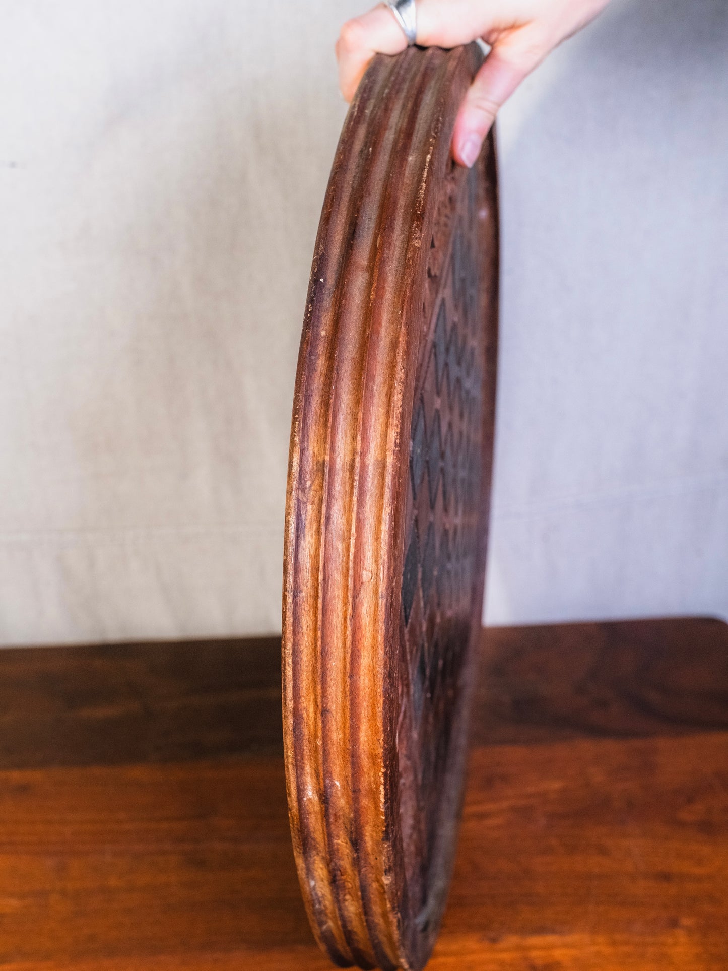 Vintage 1960s Round Ornate Wood-Carved Chess Board