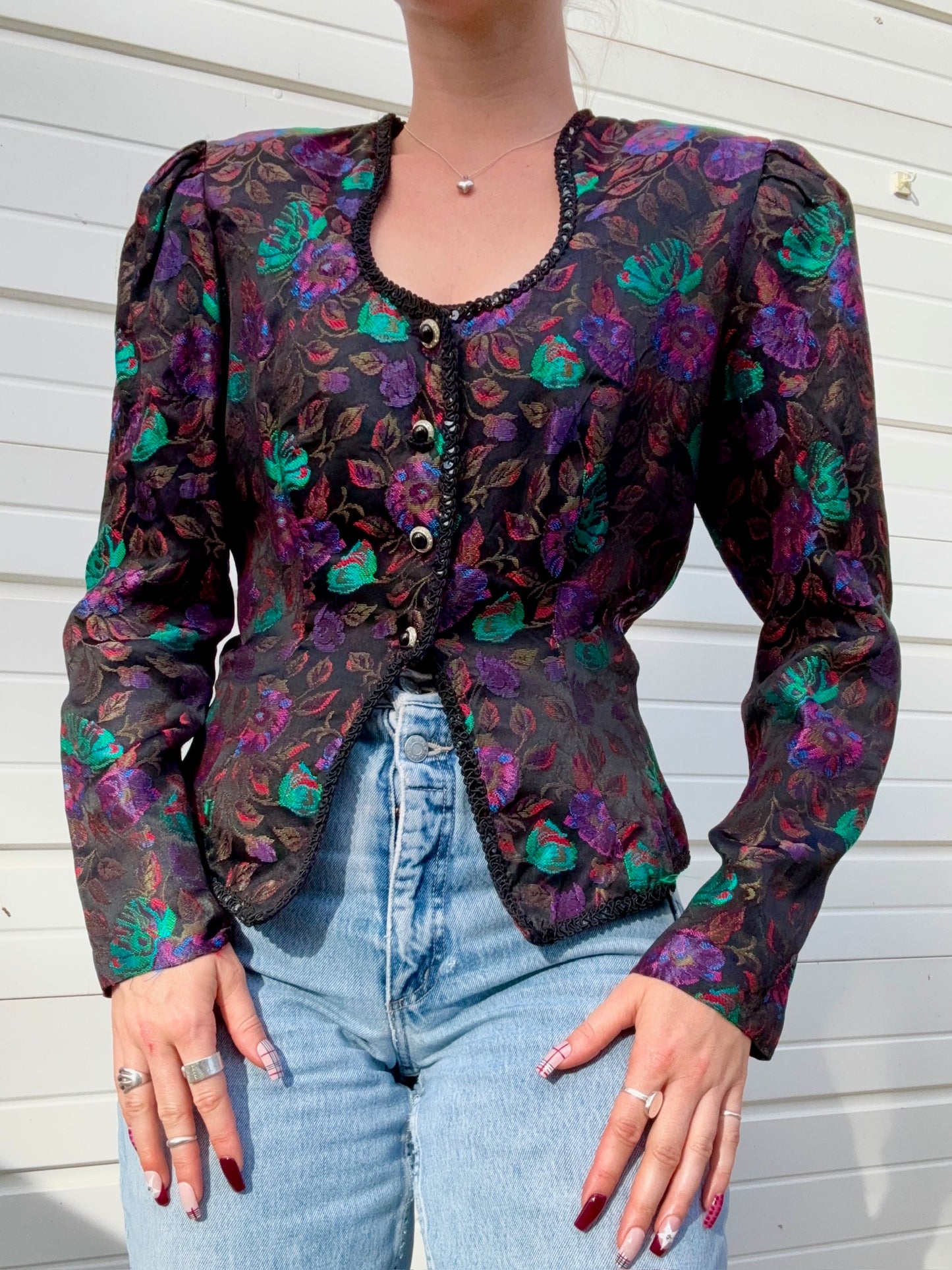 Vintage 1980s Nah Nah Collections Floral Brocade Puff Sleeve Blouse | Medium