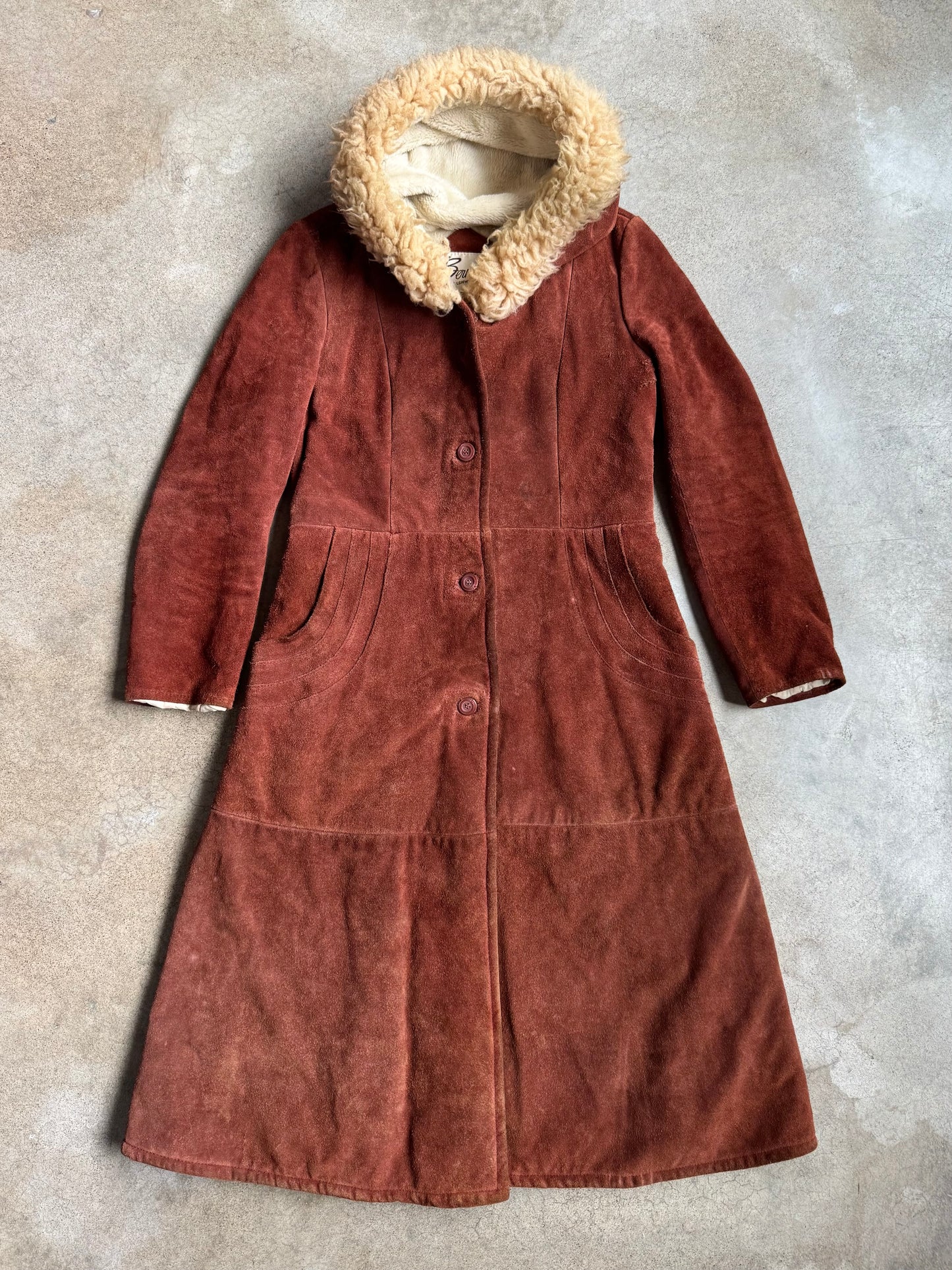 Vintage 1970s Berman’s Brown Suede Lamb Fur Trim Hooded Overcoat | Medium