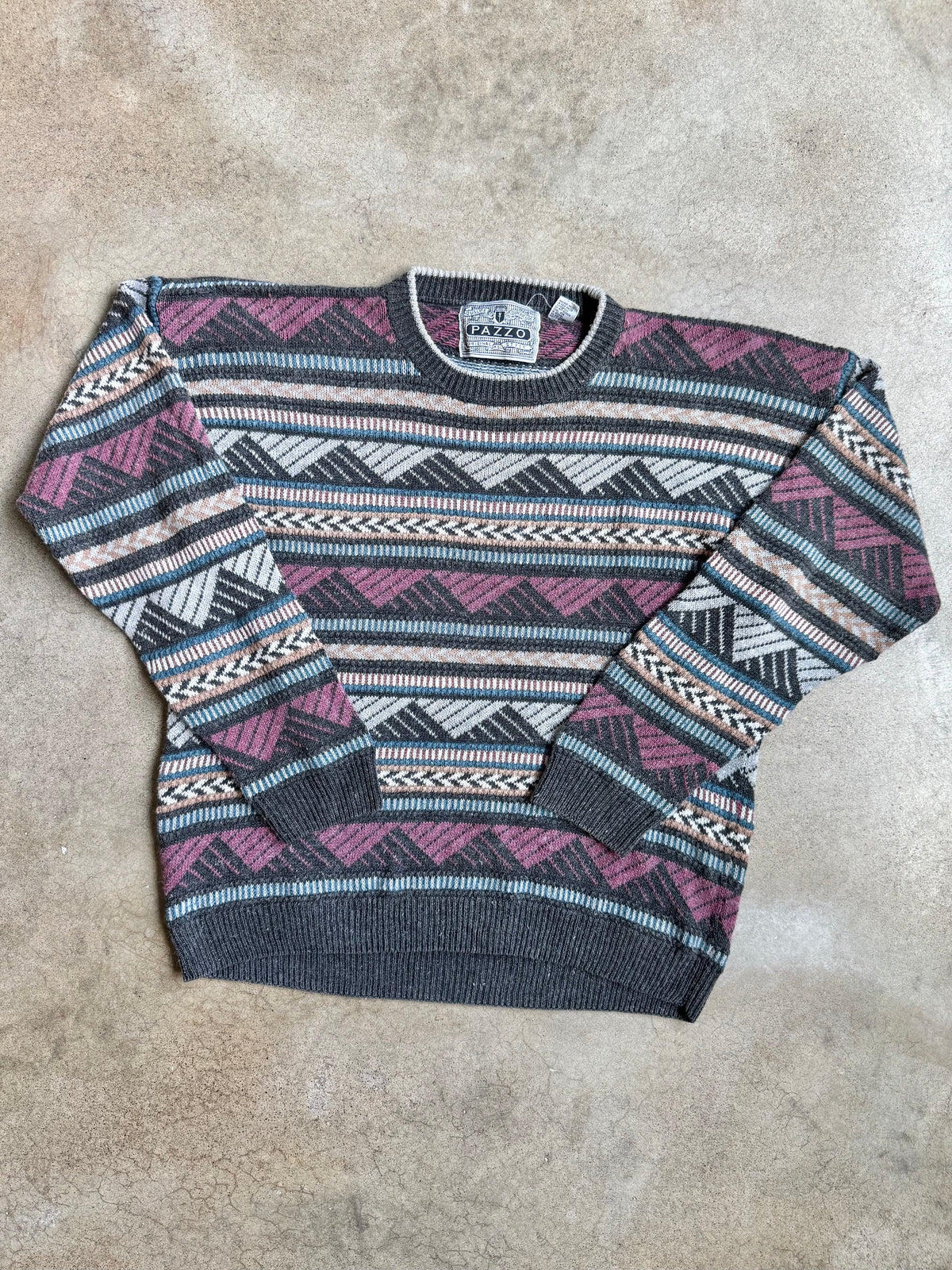 Vintage 1980s/90s Pazzo Geometric Striped Crewneck Sweater | Large