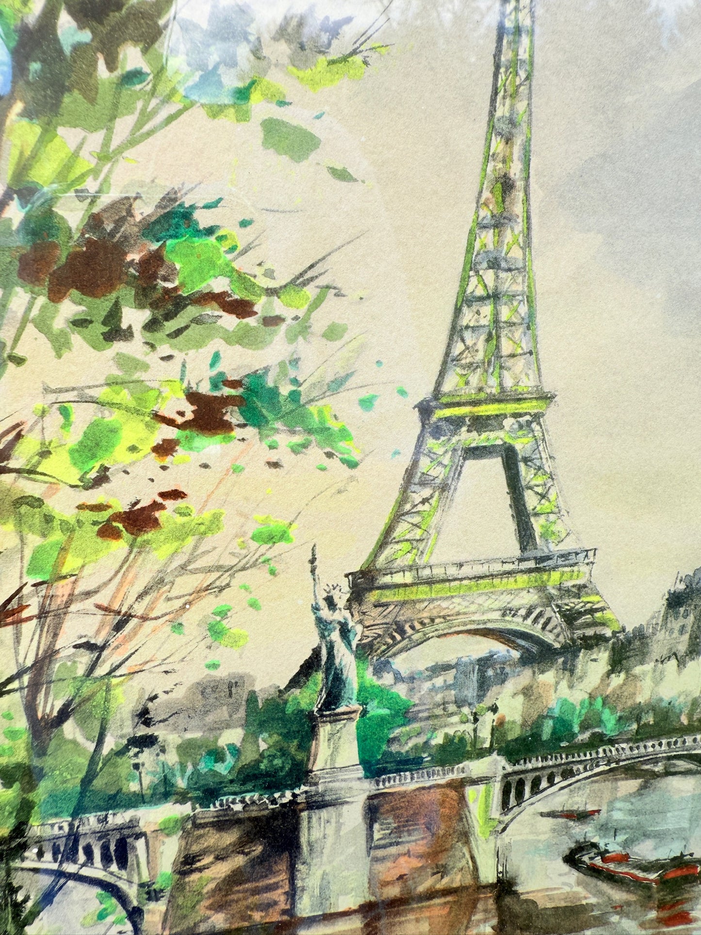 Vintage 1960s Framed Paris Eiffel Tower Watercolor Artwork