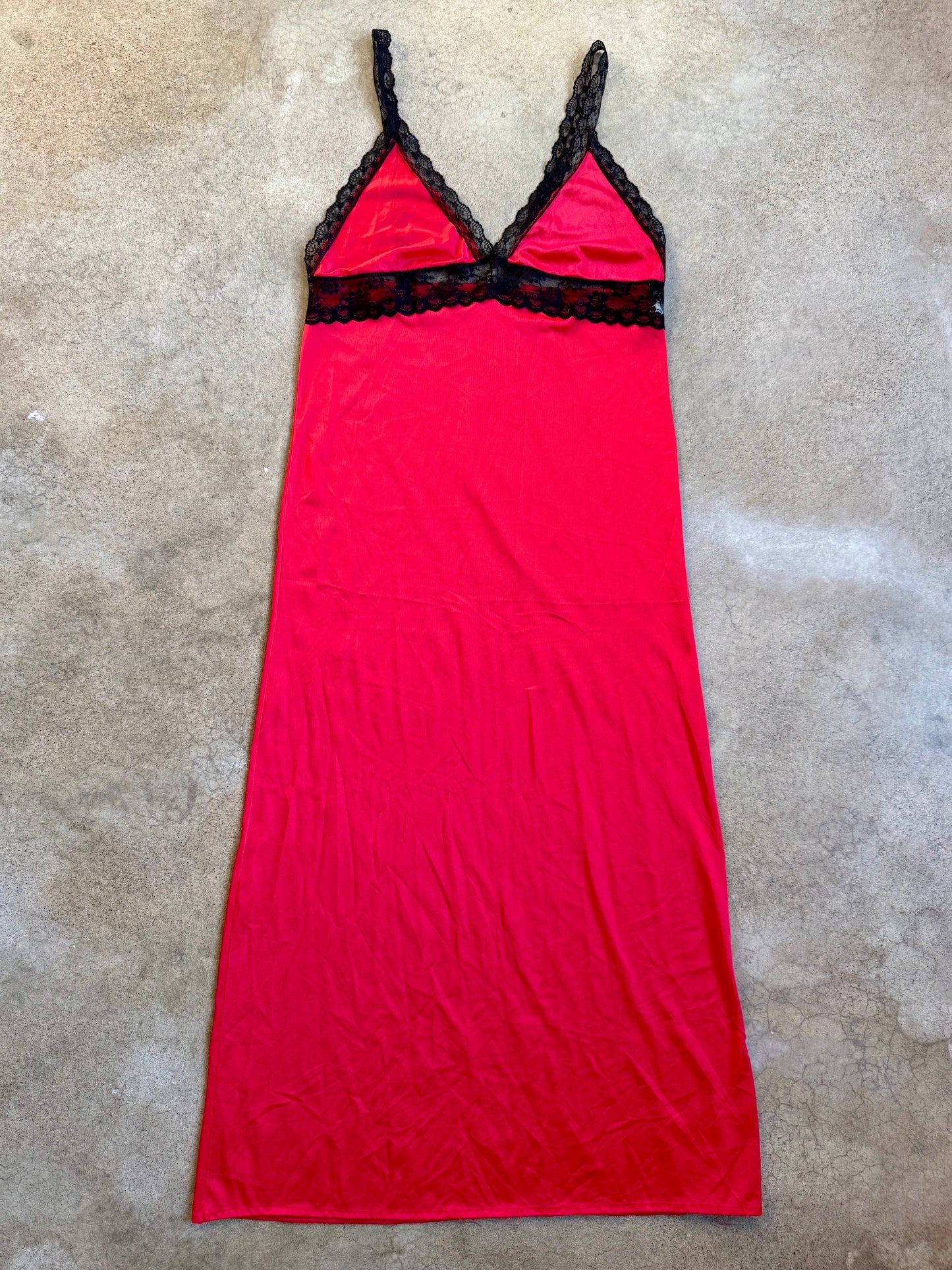 Vintage 1970s By Beverly Red & Black Lace Trim Maxi Slip Dress | Small