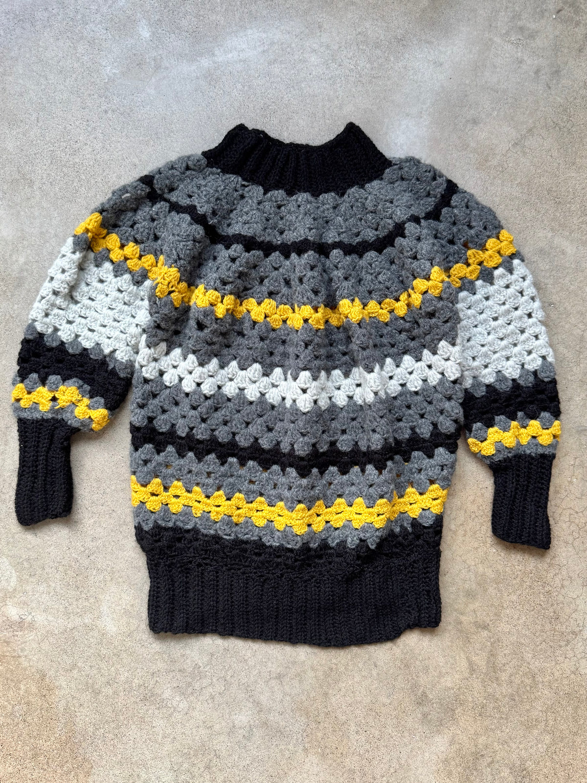 Vintage Handmade Grey & Yellow Crochet Mock Neck Sweater | S/M