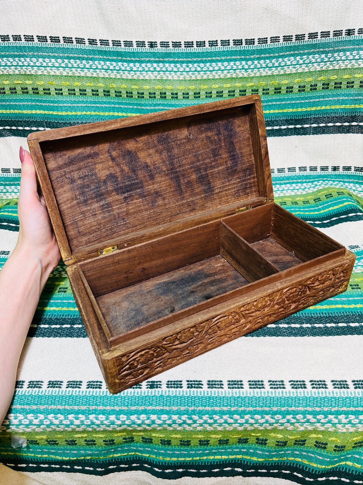 Vintage 1950s Carved Teak Wood Box