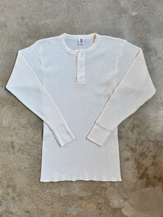 Vintage 1990s Hanes White Waffle Knit Henley Thermal | Large
