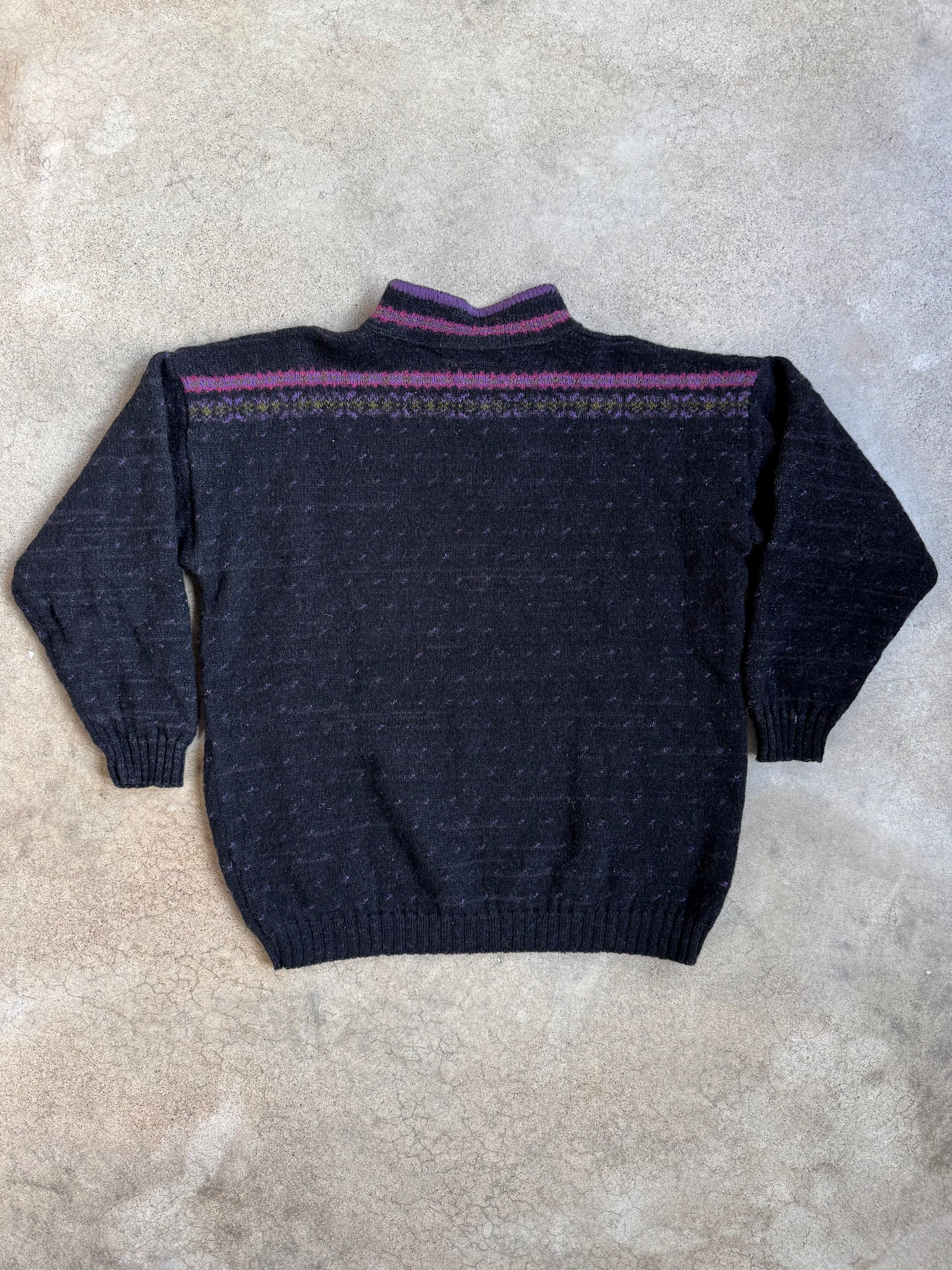 Vintage 1980s Alps Nordic-Style Black & Purple Speckled Wool Sweater | Large