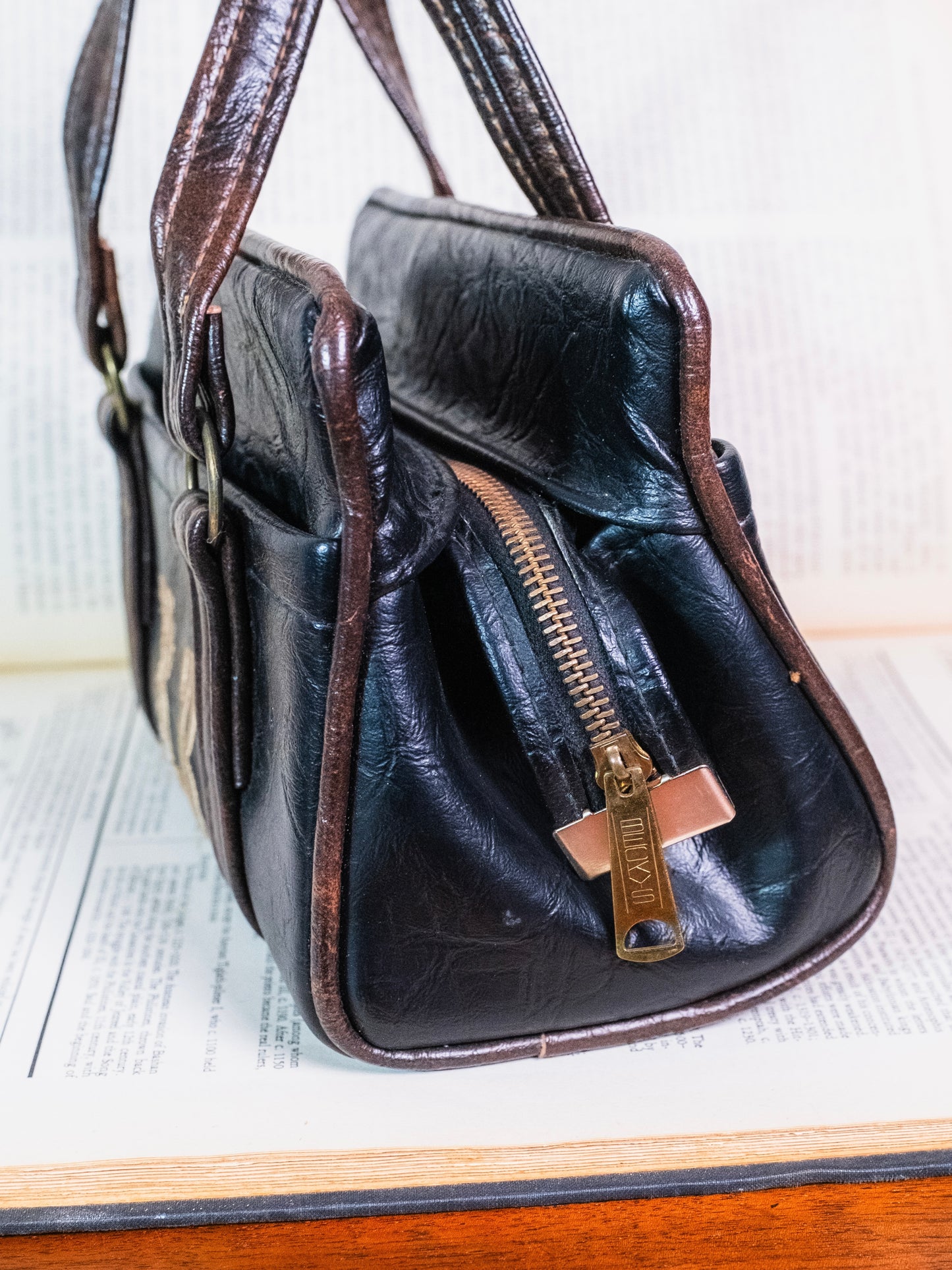 Vintage 1970s Monogrammed Two-Tone Leather Top Handle Purse