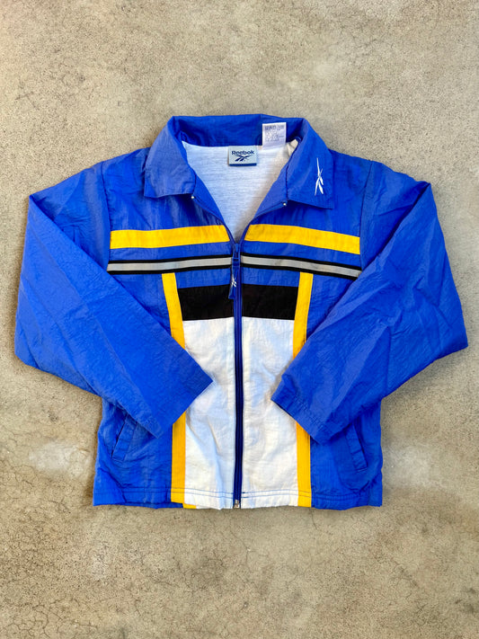 Vintage 1990s Reebok Blue & Yellow Color-Block Windbreaker Zip-Up Jacket | Youth M