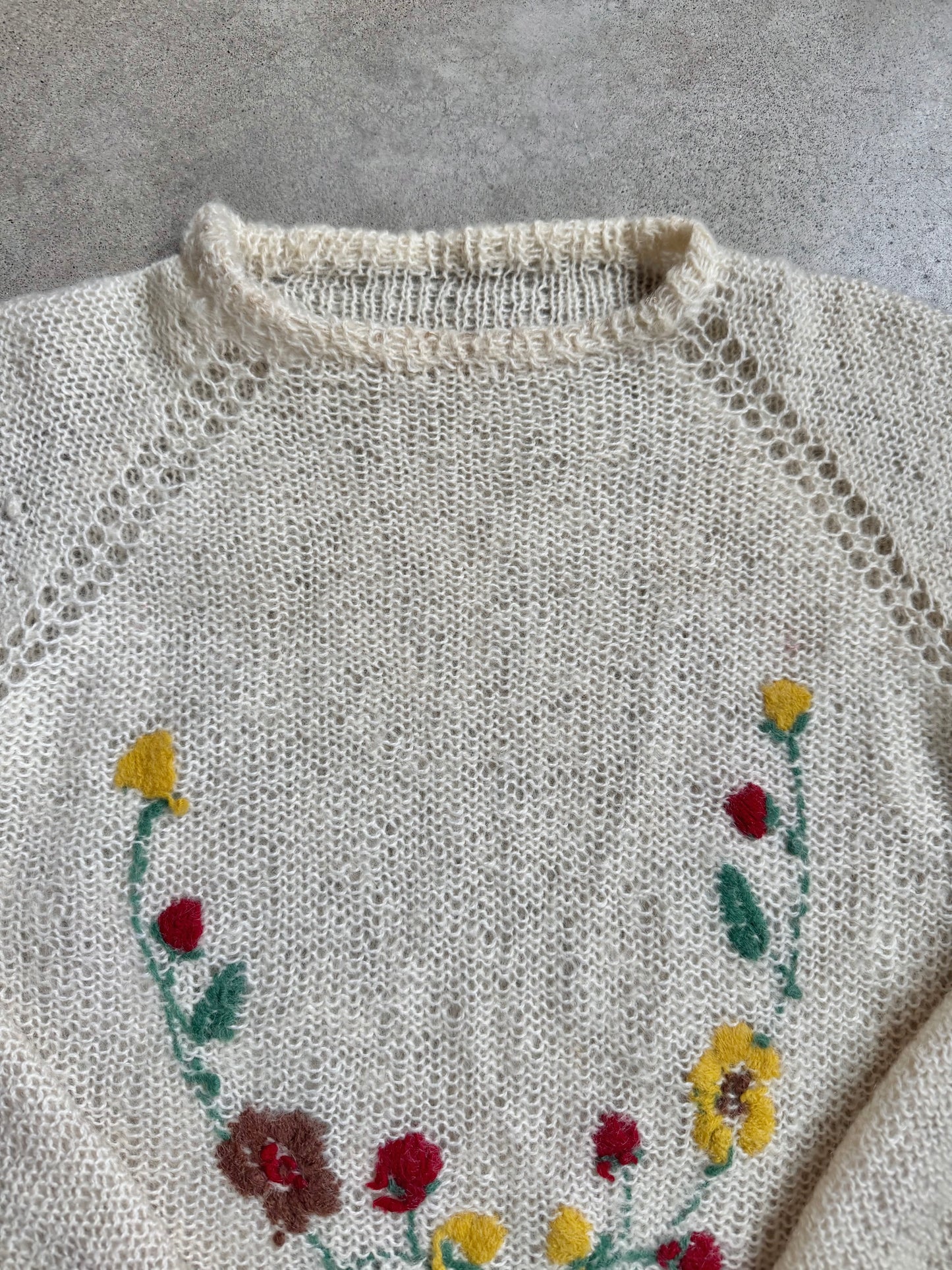 Vintage 1970s Hand-Knit Floral Embroidered Mohair-Blend Sweater | Large