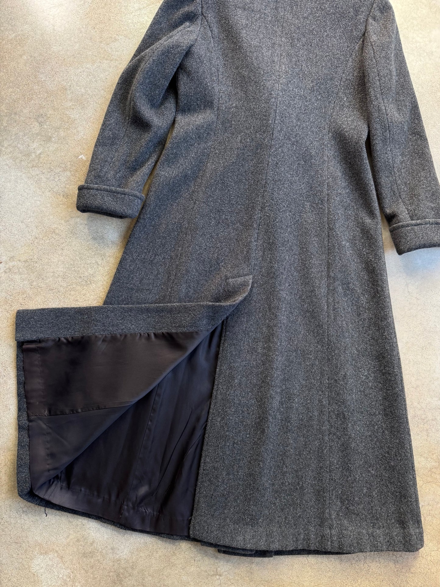 Vintage 1990s J. Peterman Grey Wool Faux Fur Collar Full-Length Coat | Medium