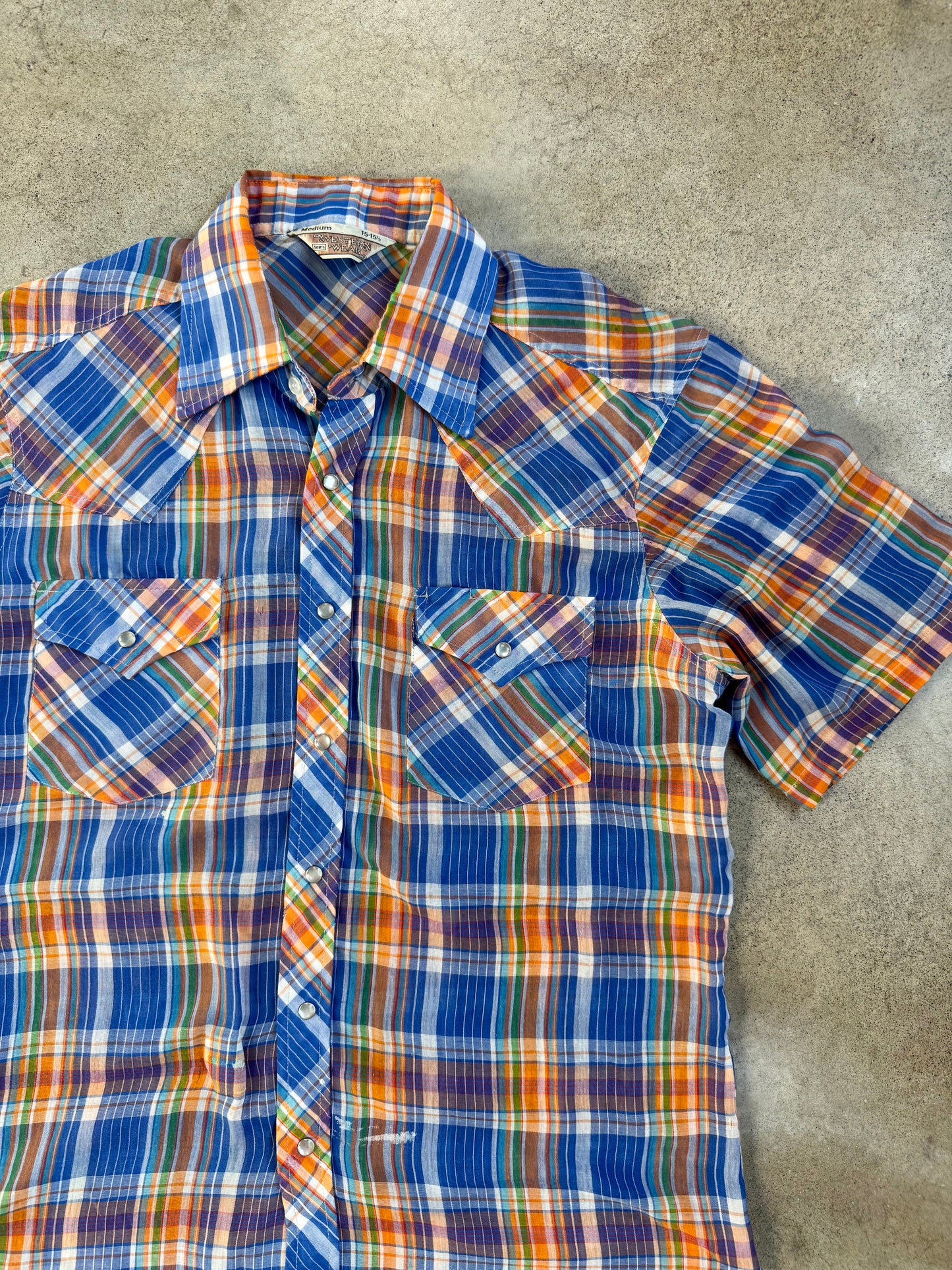 Vintage 1970s Sears Blue & Orange Plaid Western Pearl Snap Short Sleeve Shirt | Medium