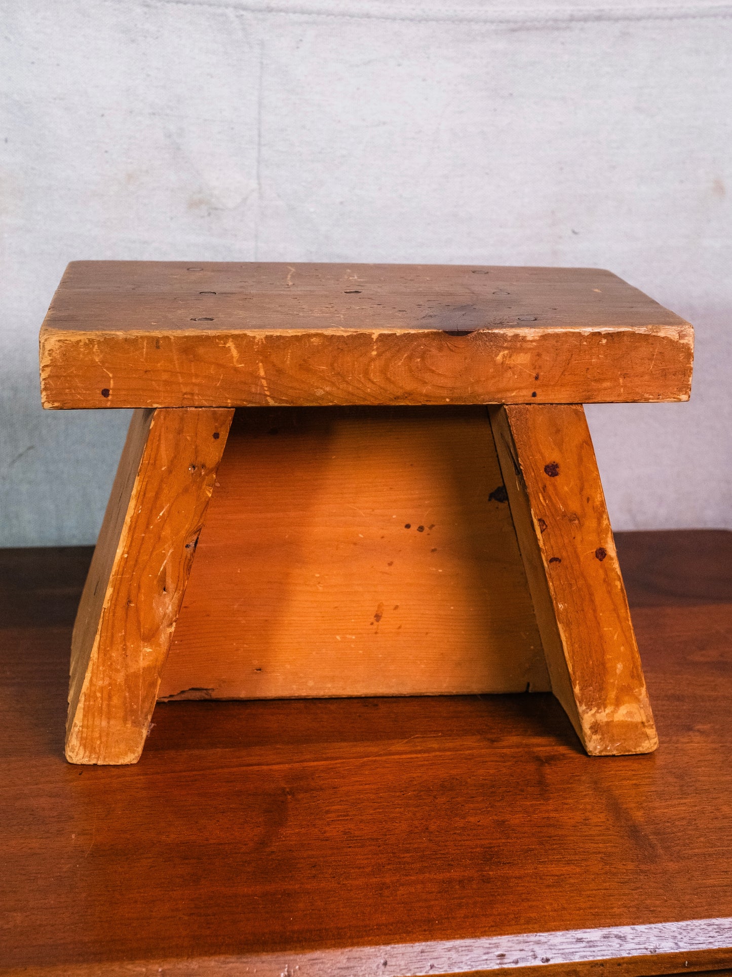 Vintage 1940s/50s Handmade Solid Wood Folk Art Footstool