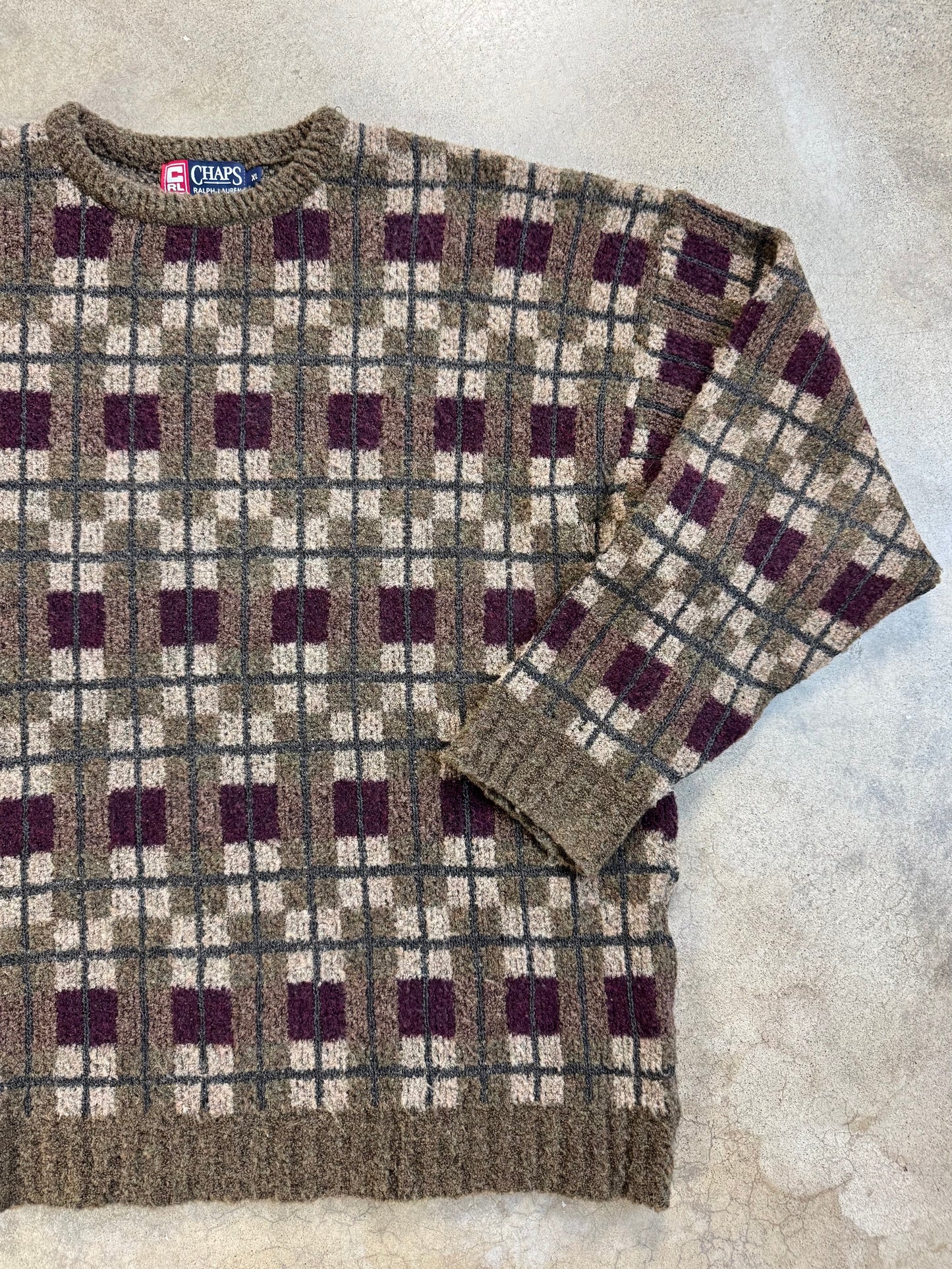 Vintage 1990s Chaps Ralph Lauren Plaid Wool-Blend Crewneck Sweater | XL