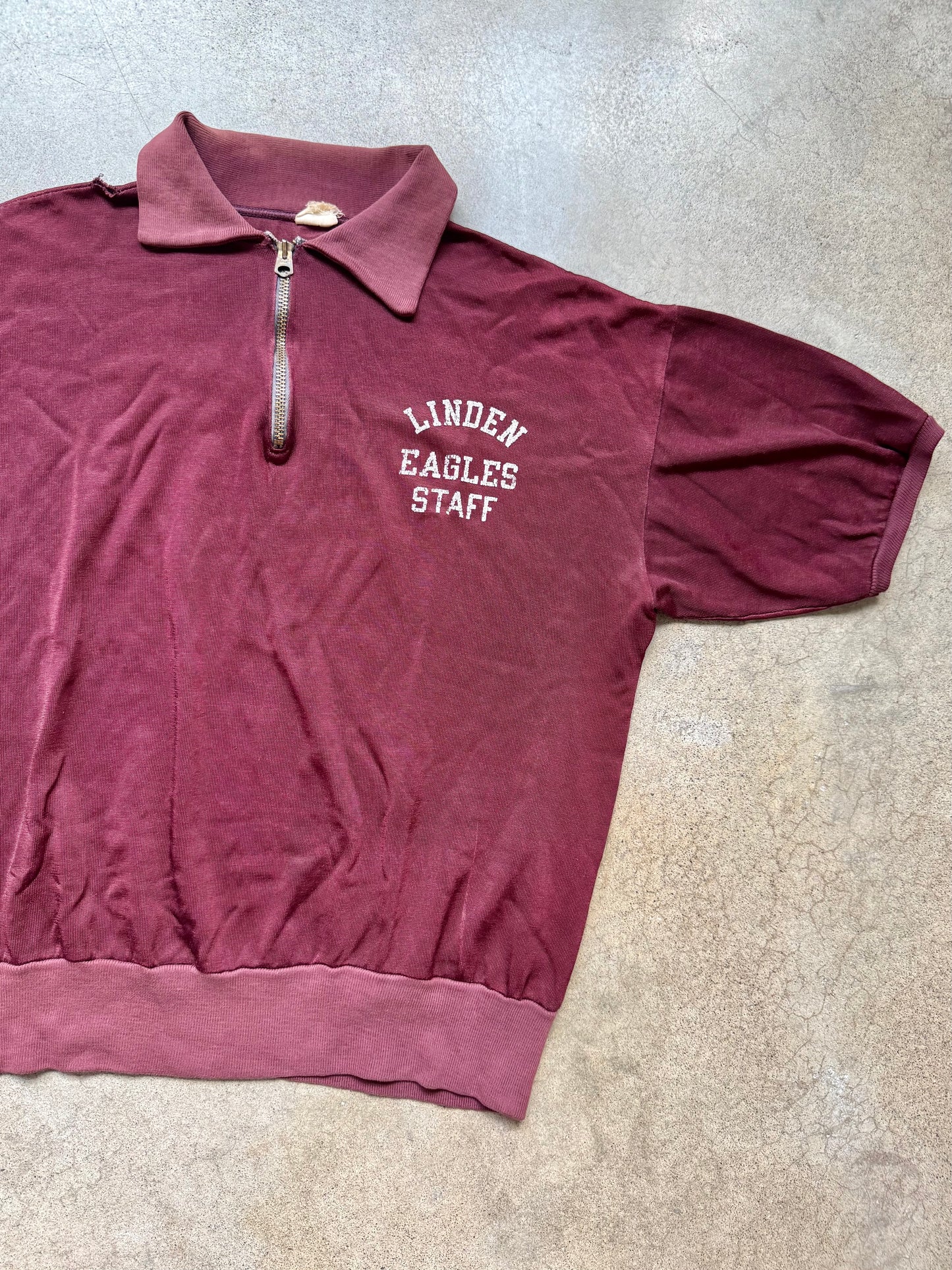 Vintage 1960s Champion Burgundy “Linden Eagles Staff” Quarter-Zip Polo Shirt | Large