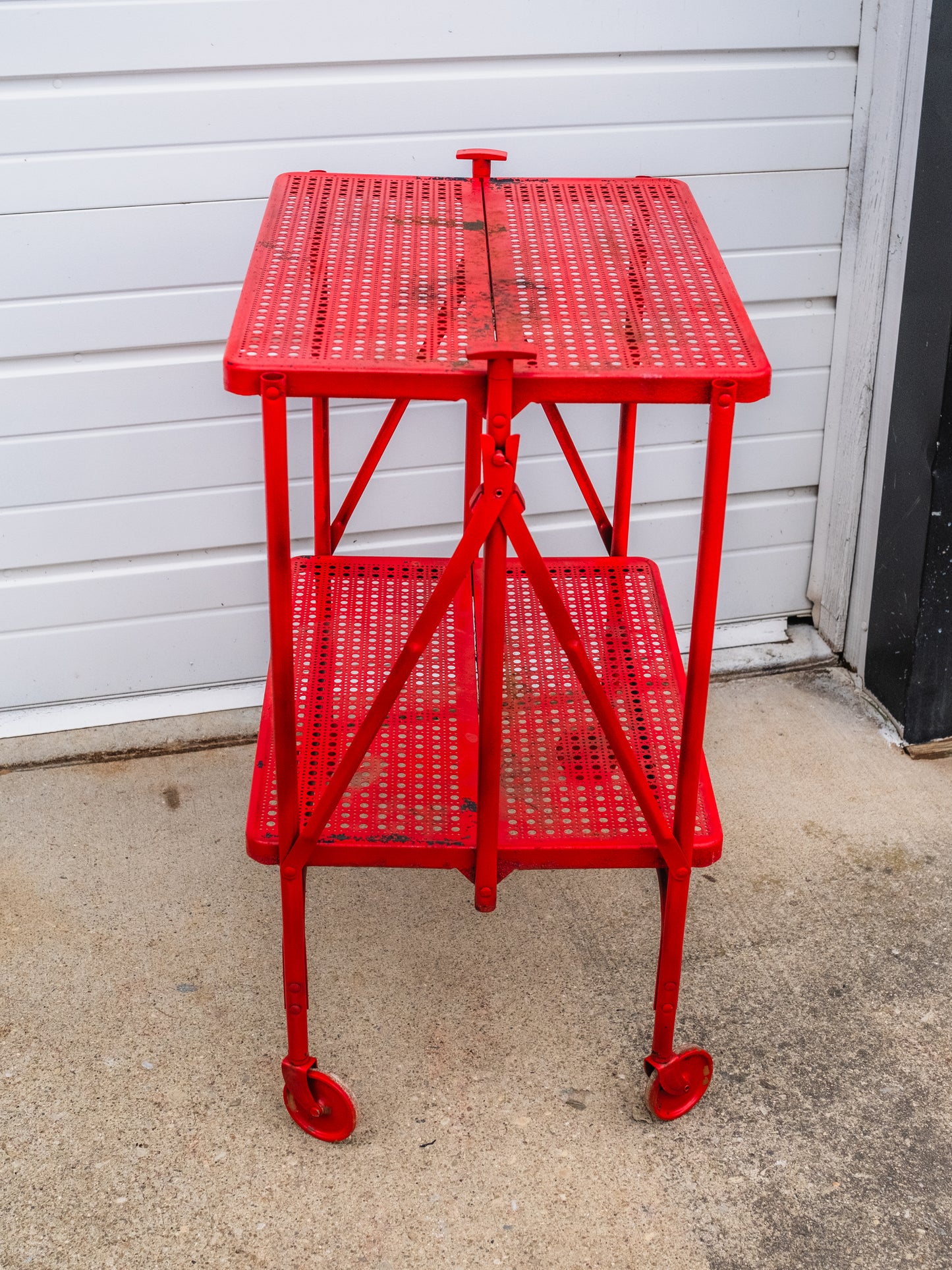 Vintage 1950s Red Distressed Metal Foldable Rolling Bar Cart