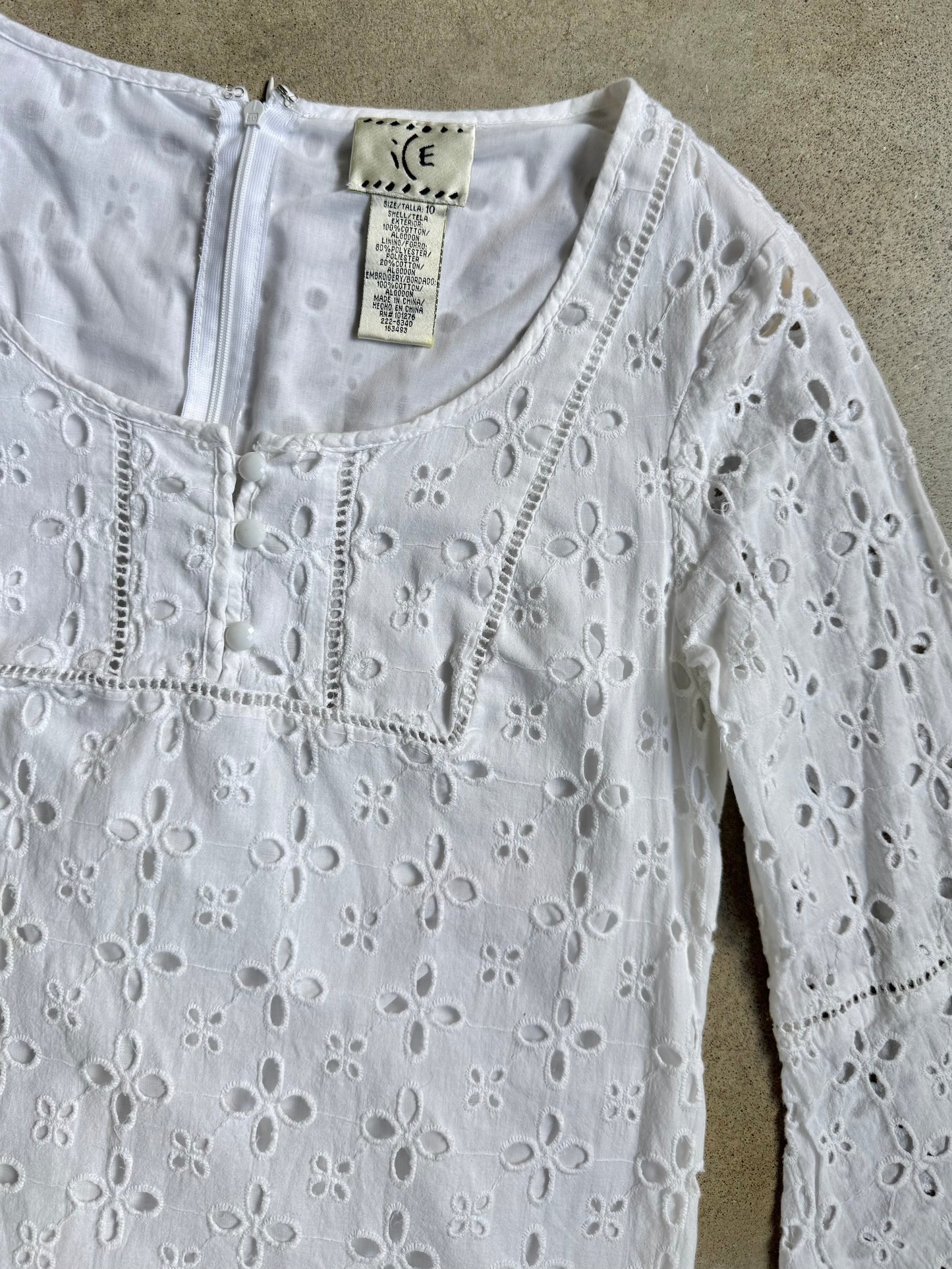 Vintage 1990s ICE White Floral Eyelet Cotton Mini Dress | Medium