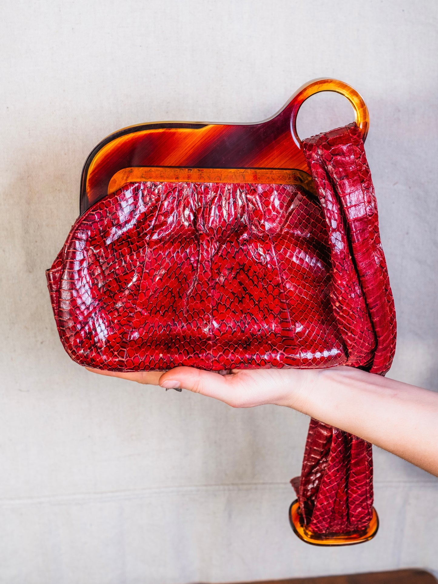 Vintage 1940s Deitsch Red Genuine Snakeskin & Bakelite Handle Bag