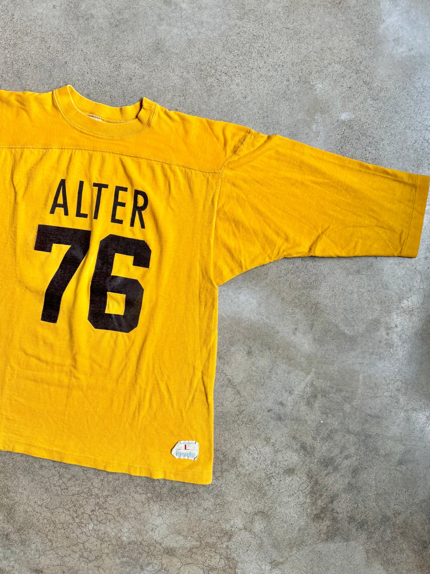 Vintage Champion “Alter 76” Yellow Cotton Athletic Football Tee | Large