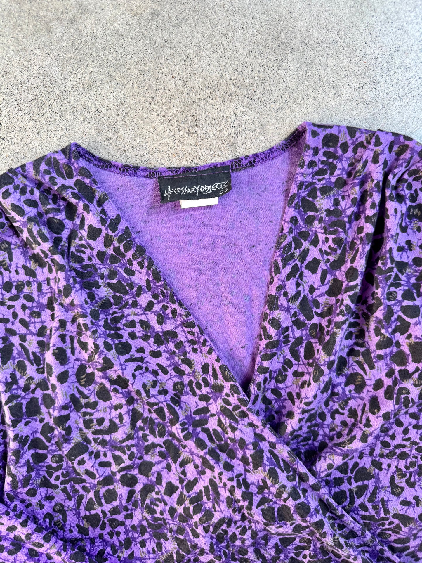 Vintage 1980s Necessary Objects Purple & Black Abstract Cropped Wrap Top | Small