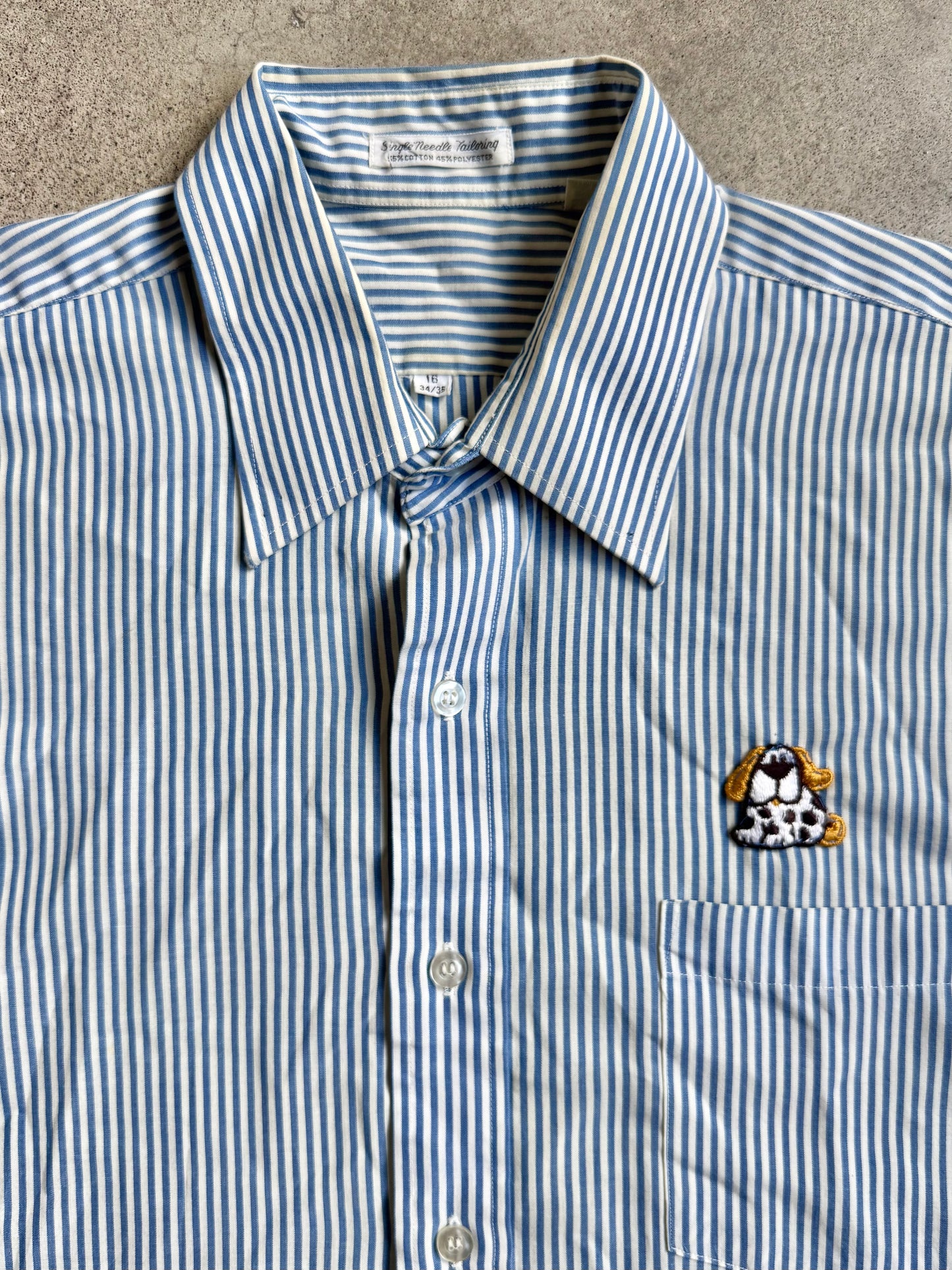 Vintage 1970s Blue & White Striped Dog Patch Button-Up Shirt | Large