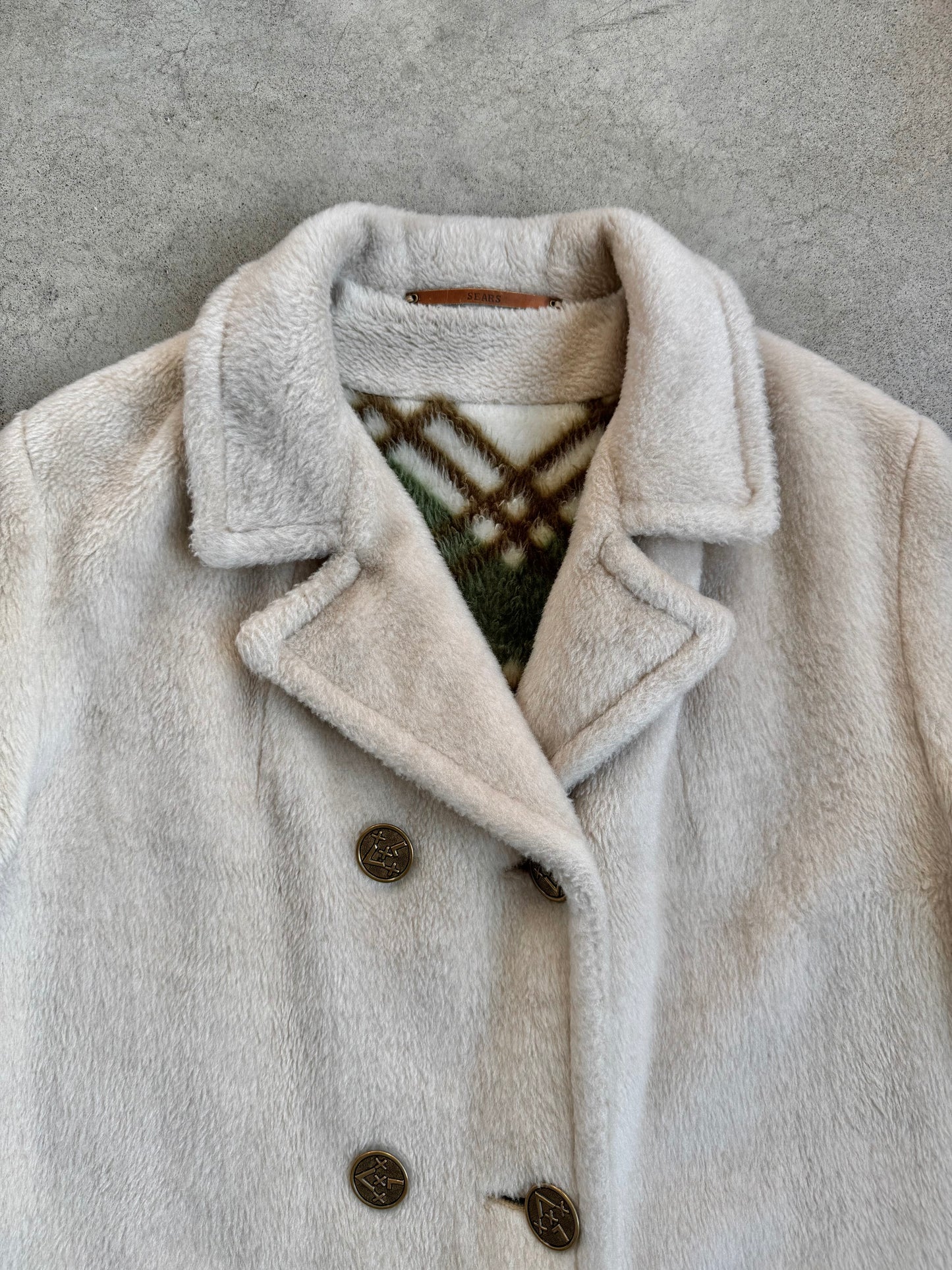 Vintage 1960s Sears Beige Faux Fur Plaid Lined Peacoat | Medium