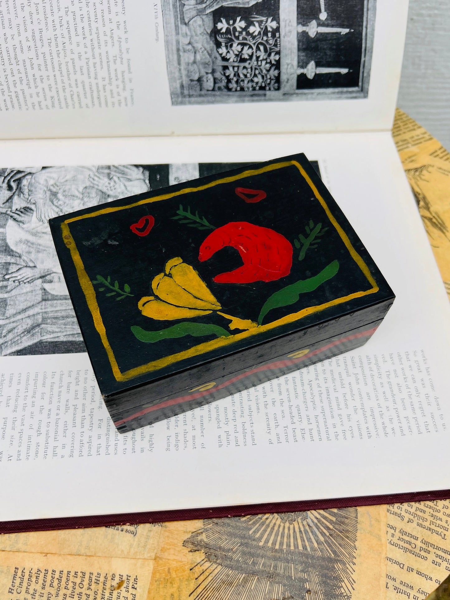 Antique Scandinavian Wood Hand Painted "Bear and Flower" Box