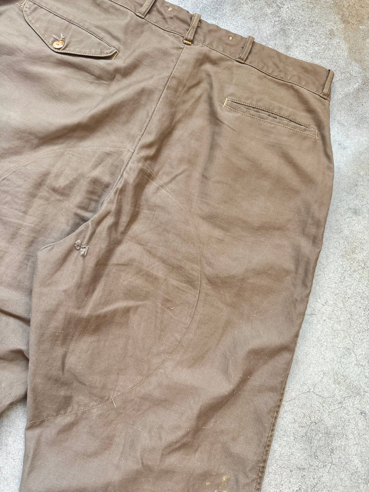 Vintage 1950s American Field Sportswear Brown Cotton Twill & Suede Leather Hunting Pants | Waist 36”