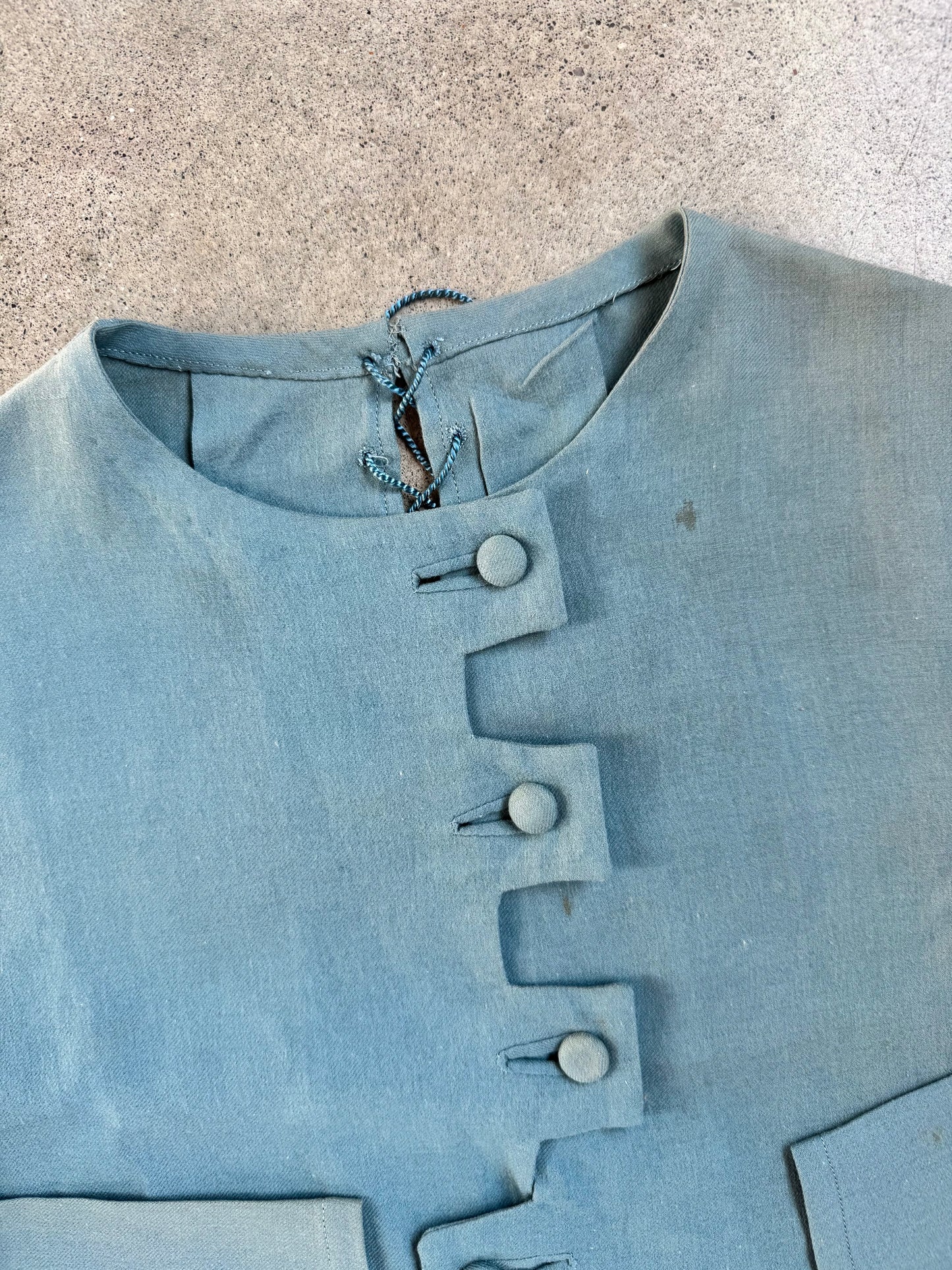 Vintage 1930s Handmade Blue Wool-Blend Zig-Zag Button Long Sleeve Top | S/M