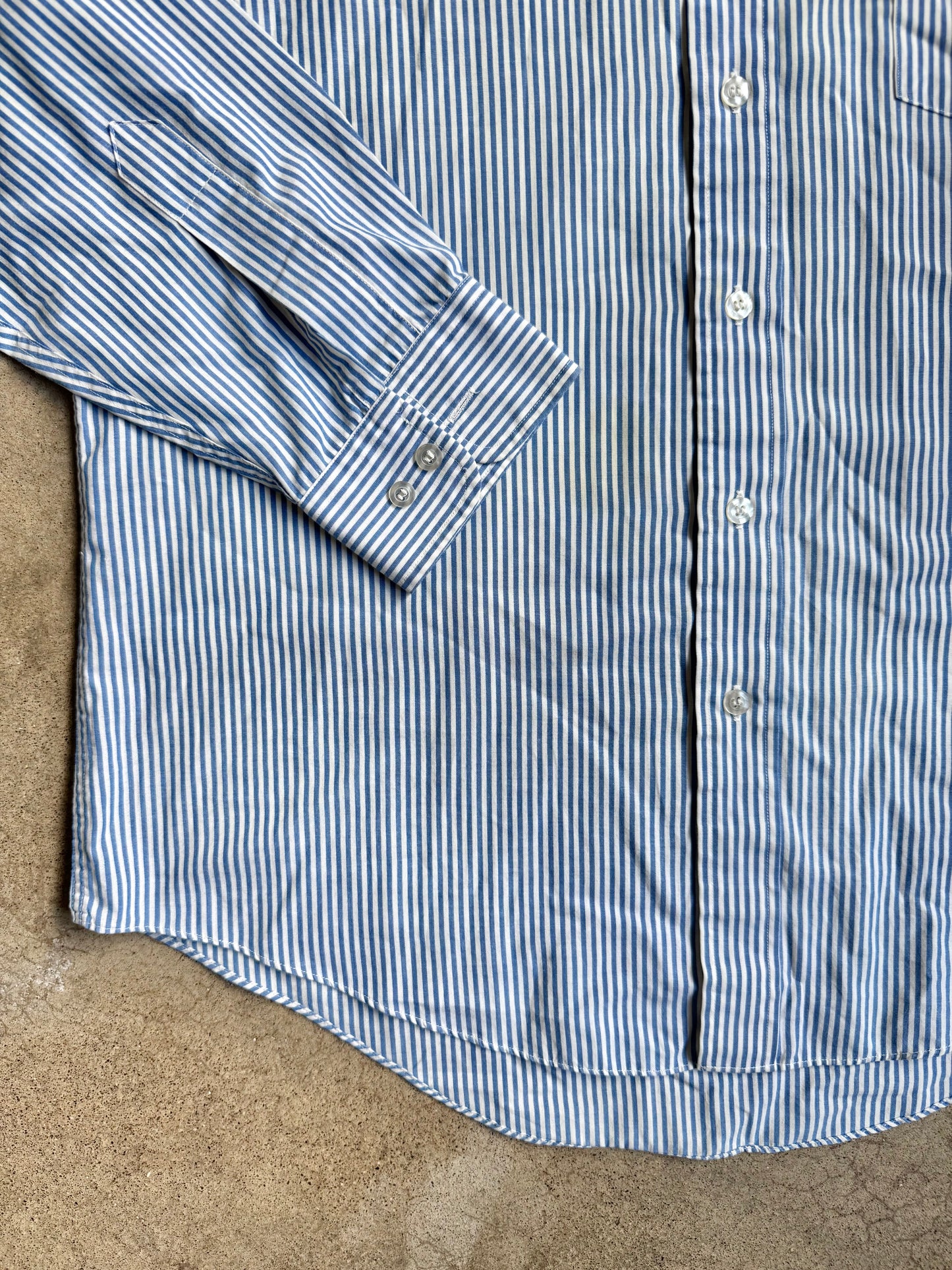 Vintage 1970s Blue & White Striped Dog Patch Button-Up Shirt | Large