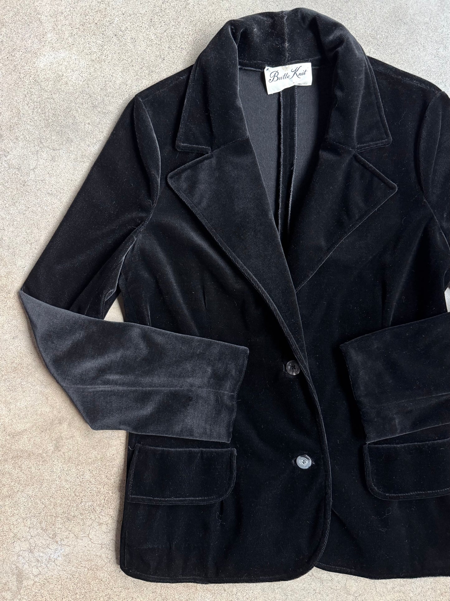 Vintage 1960s Butte Knit Black Velour Blazer | Medium