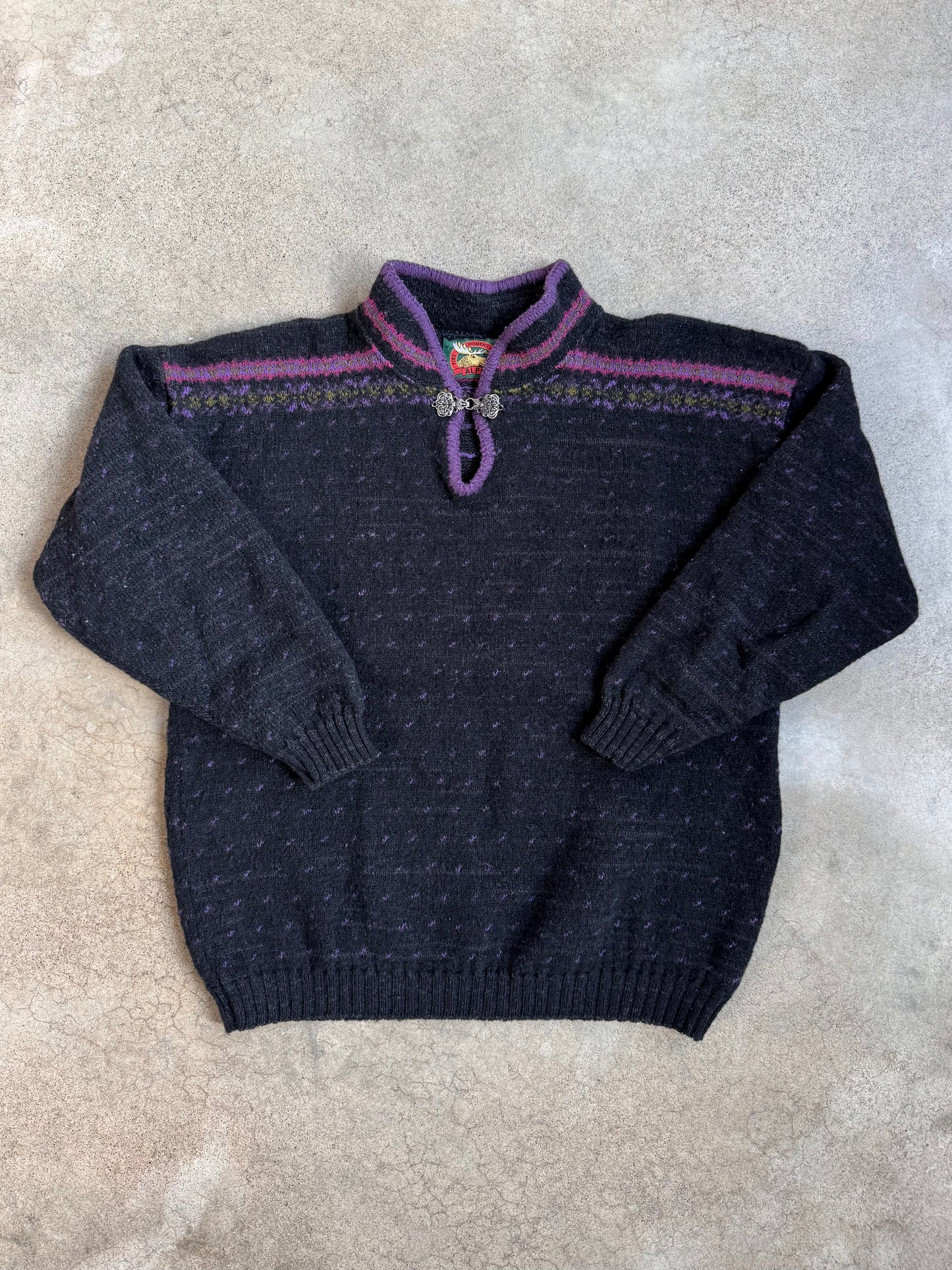 Vintage 1980s Alps Nordic-Style Black & Purple Speckled Wool Sweater | Large