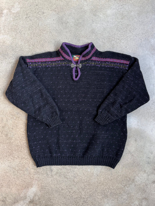 Vintage 1980s Alps Nordic-Style Black & Purple Speckled Wool Sweater | Large