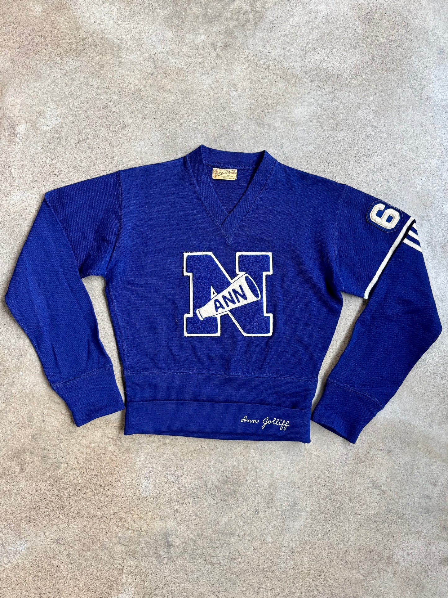 Vintage 1950s School Sweater Blue Wool "Ann" Varsity Cheer Sweater | Medium