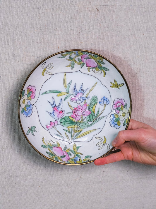 Vintage Chinese Porcelain “Bluebird & Radish” Brass Wrapped Famille Rose Chinoiserie Bowl