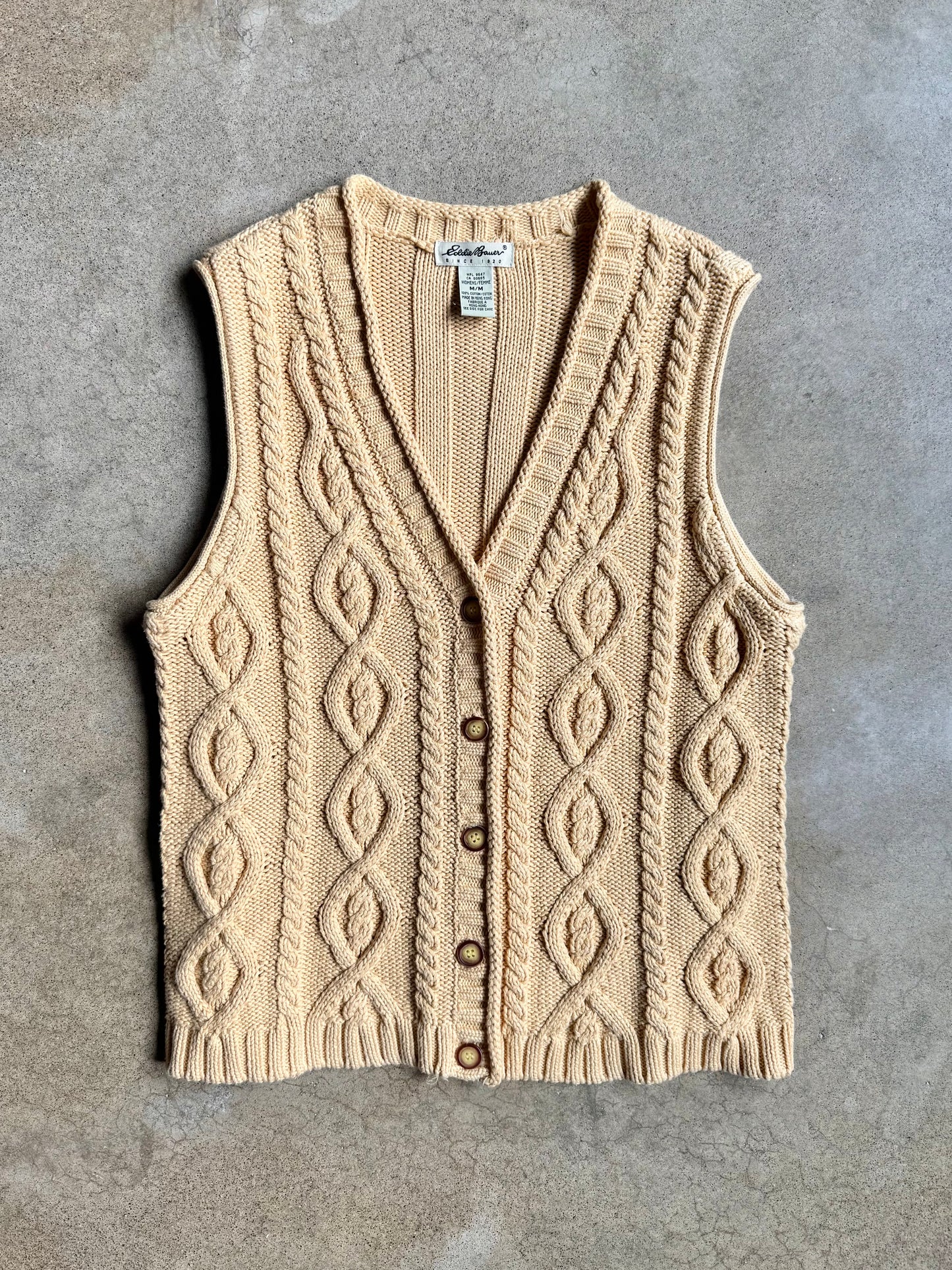Vintage 1990s Eddie Bauer Yellow Cotton Cable-Knit Sweater Vest | Medium