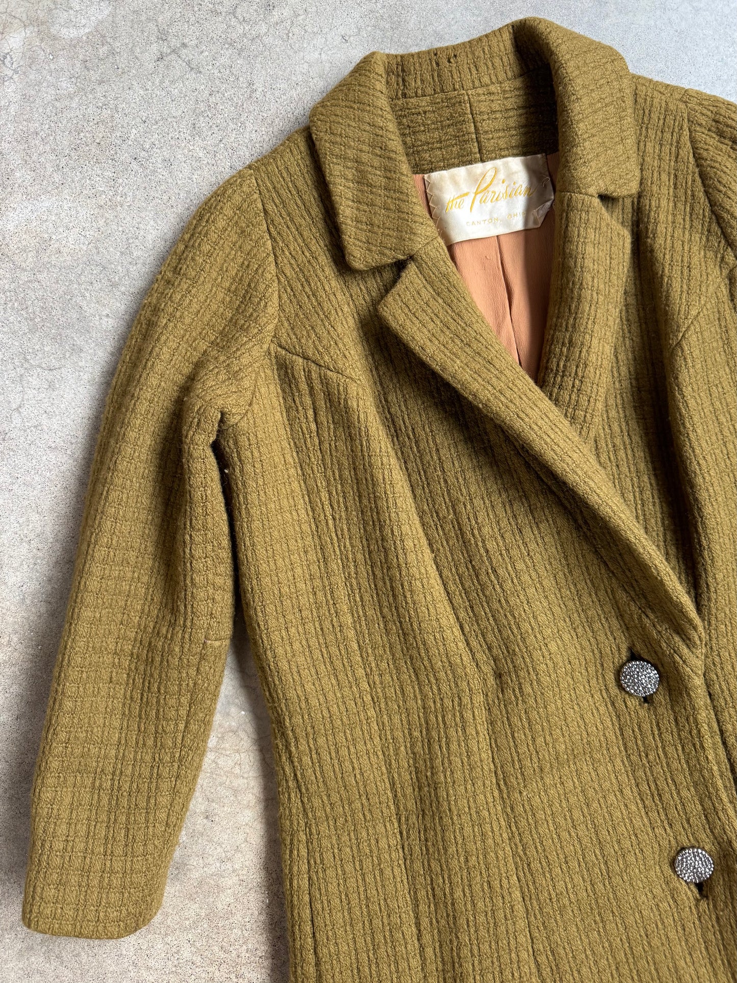 Vintage 1960s The Parisian Olive Green Wool Belted Wrap Coat | Small