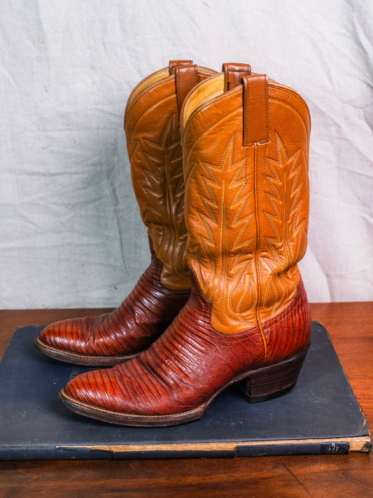 Vintage 1970s Brown Leather & Lizard Skin Cowboy Boots | Women’s 7.5