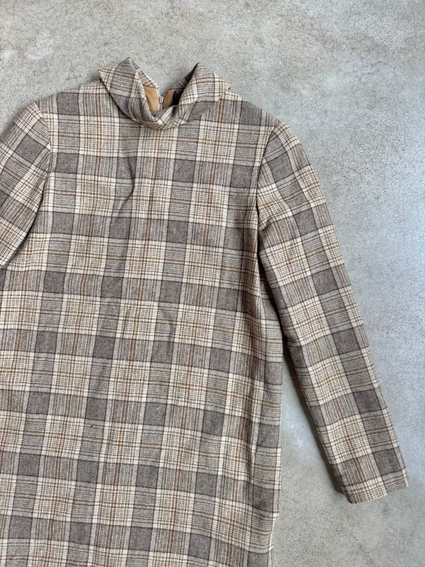 Vintage 1960s Pendleton Brown-Tone Plaid Wool High-Neck Belted Dress | Small