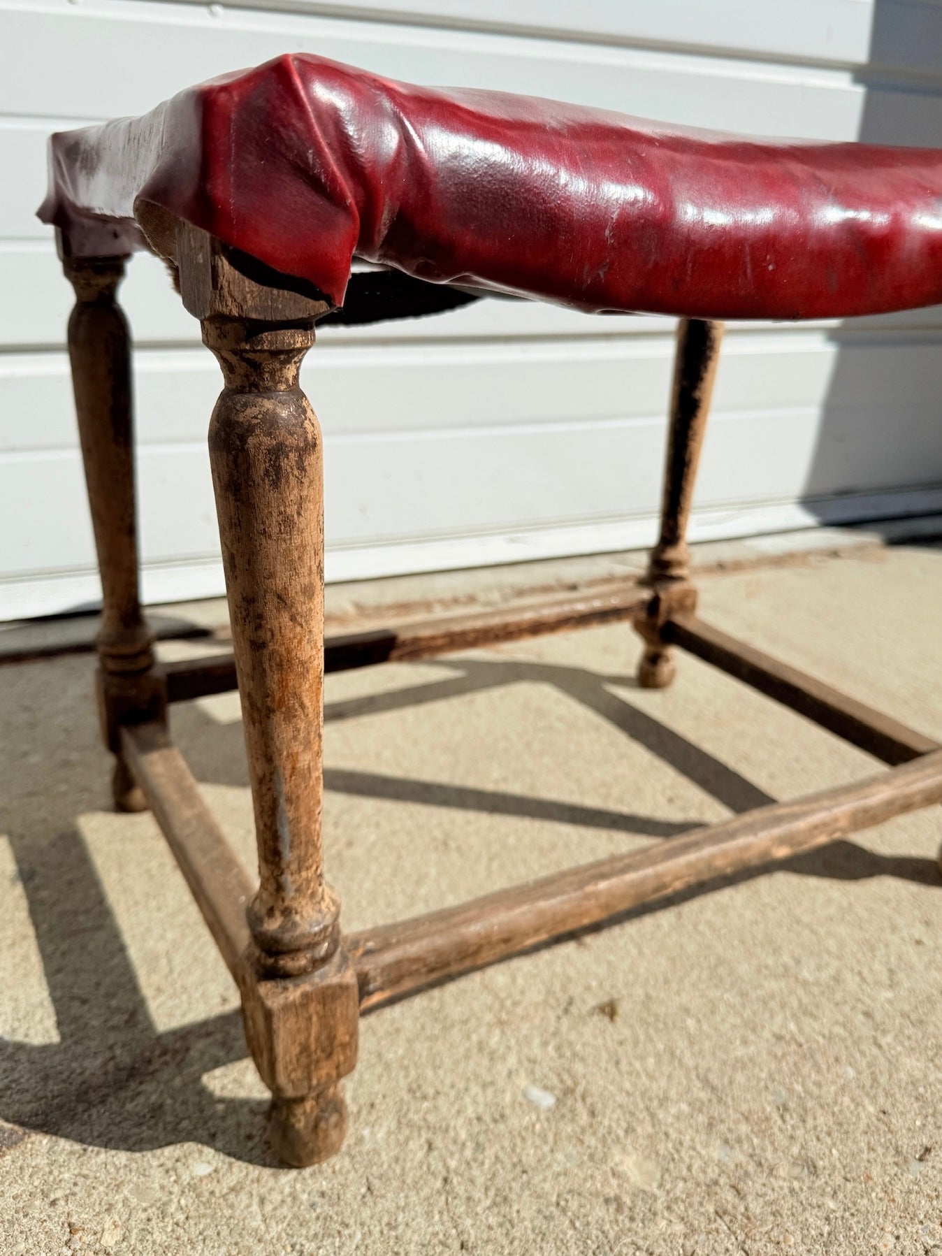 Antique French-Style Rustic Turned Leg Upholstered Footstool
