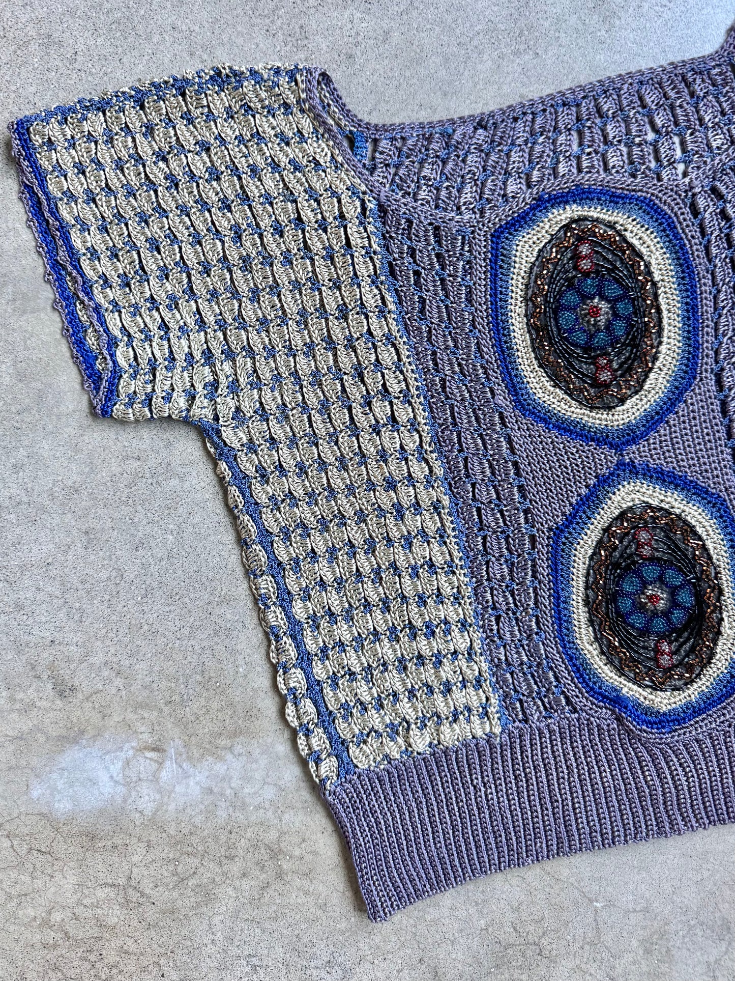 Vintage 1920s-Style Purple & Blue Crochet Beaded Short Sleeve Top | Medium