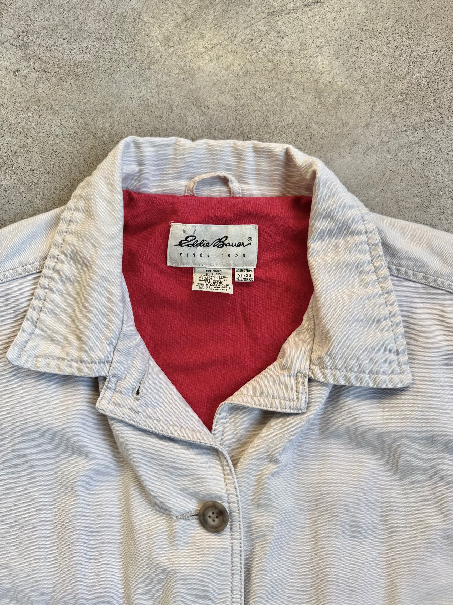 Vintage 1990s Eddie Bauer Beige Canvas Red Lined Chore Jacket | XL