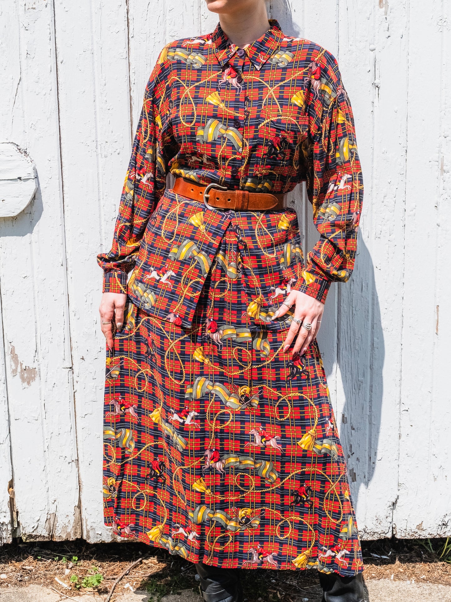 Vintage 1980s SK Wear Red Tartan Equestrian Print Two-Piece Skirt Suit | Large