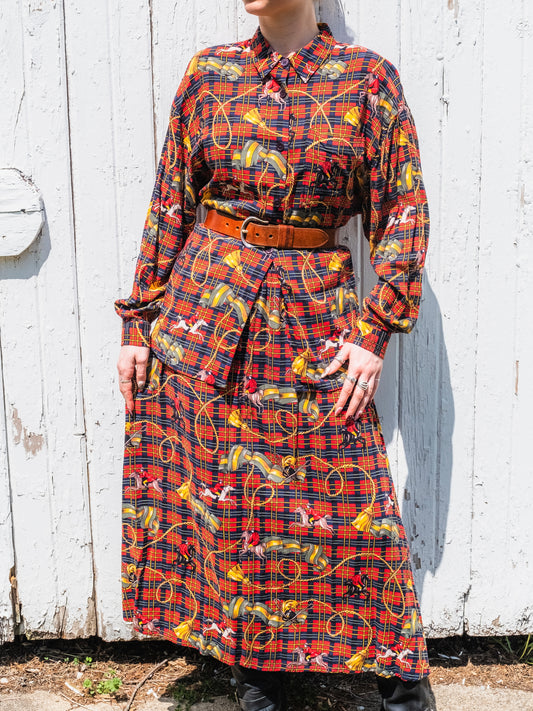 Vintage 1980s SK Wear Red Tartan Equestrian Print Two-Piece Skirt Suit | Large