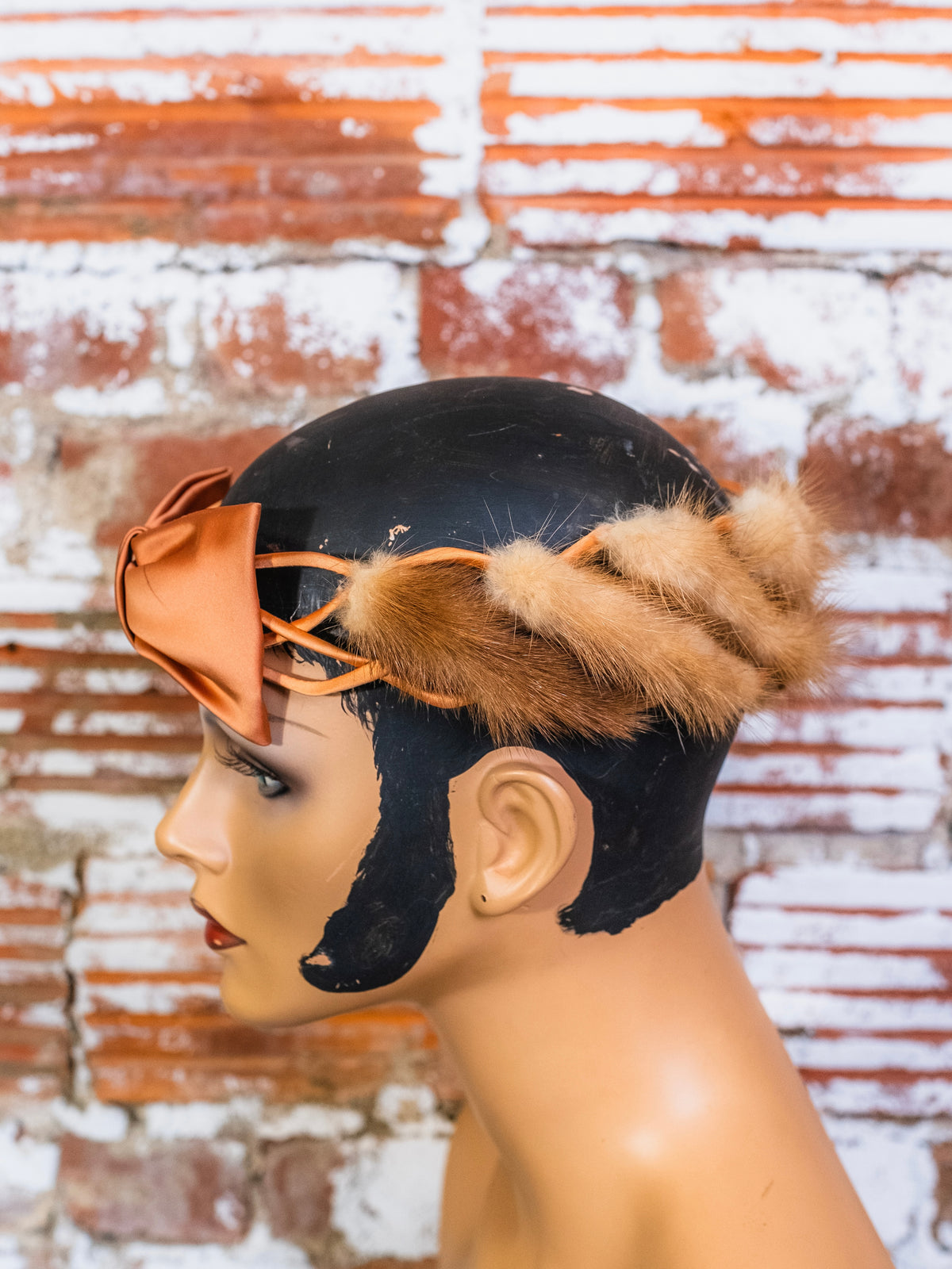 Vintage 1950s Rabbit Fur Braided Satin Bow Halo Headpiece