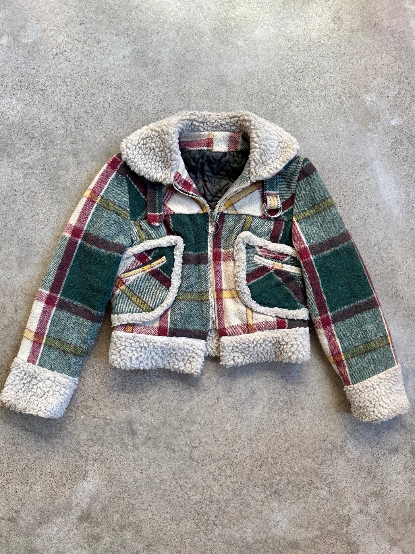 Vintage 1970s Green & Red Plaid Sherpa Lined Cropped Jacket | XS