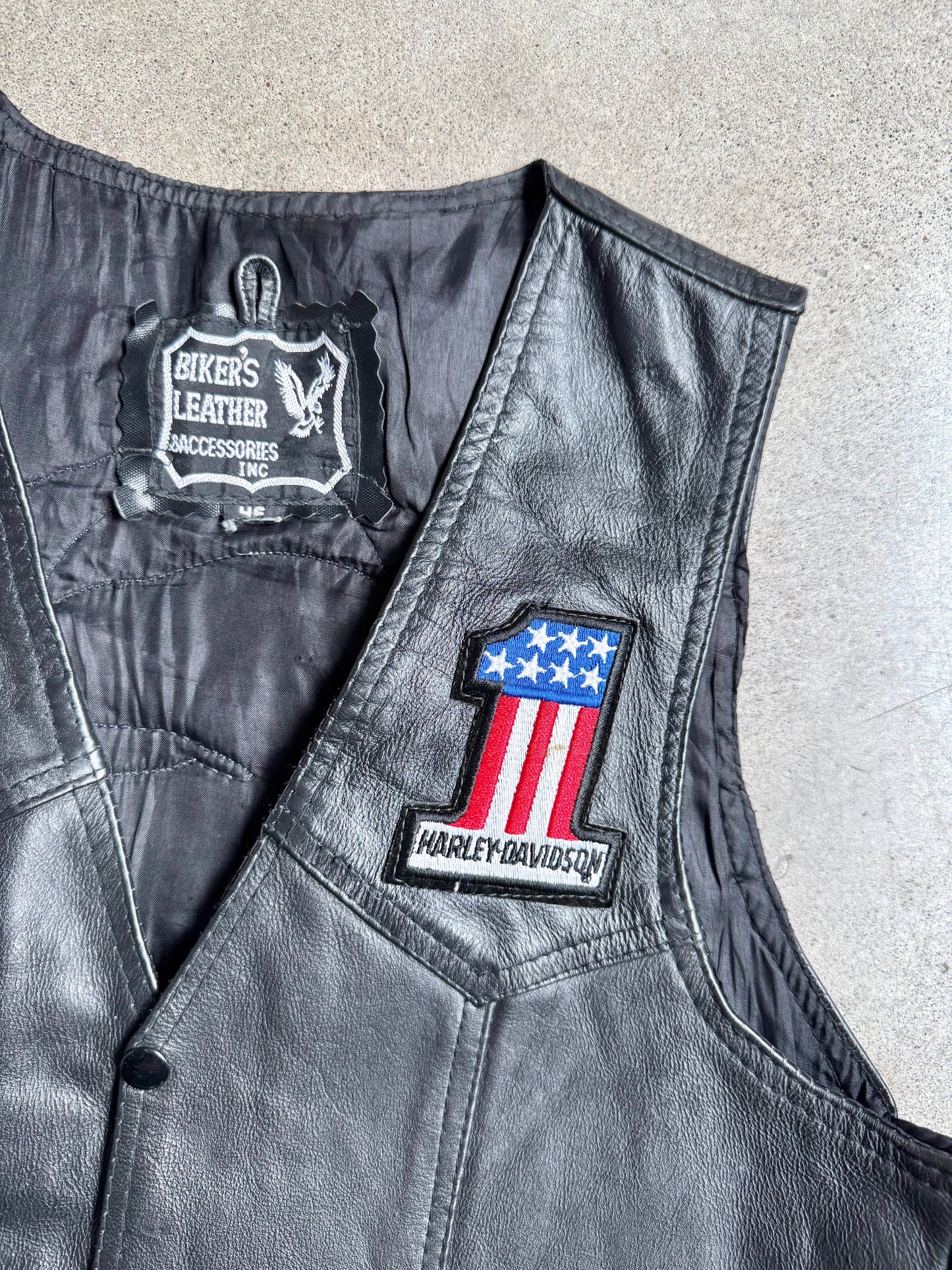Vintage 1980s Black Leather Harley Davidson Patched Riding Vest | 46