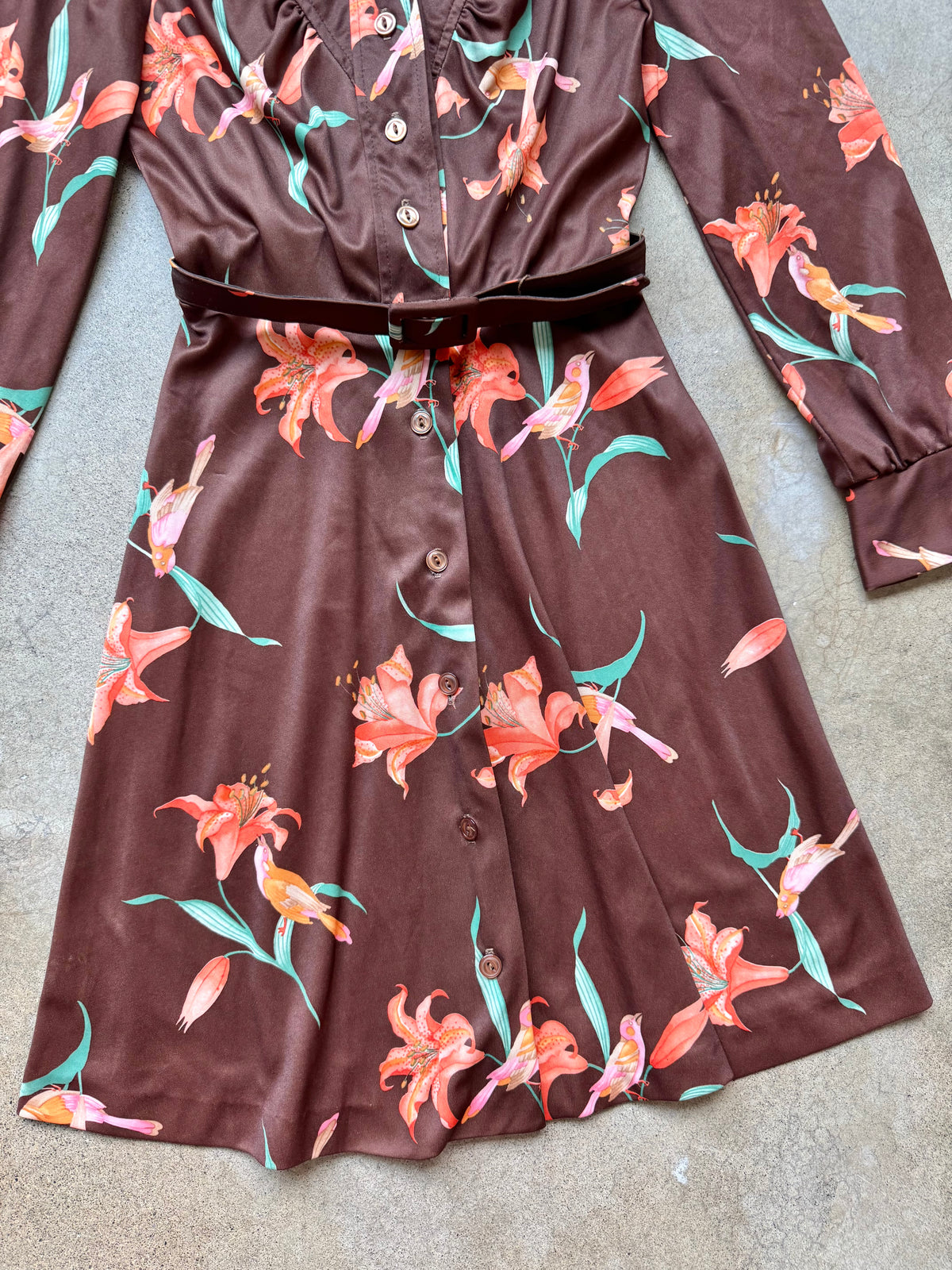 Vintage 1970s Brown & Orange Floral Button-Front Long Sleeve Belted Dress | XS/S